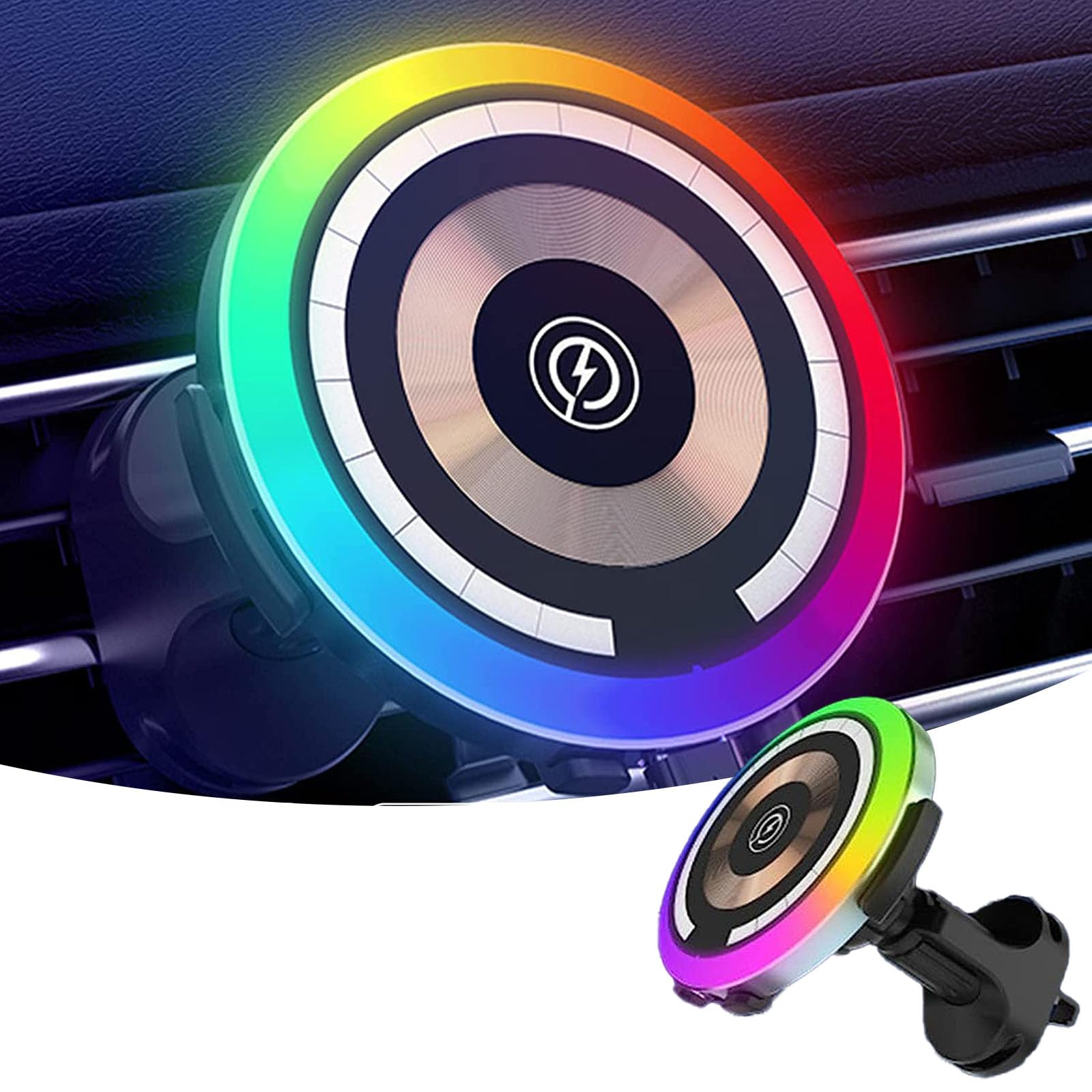 ZKFAR Pack-1 15W Fast Wireless Car Charger with Auto-Clamping & Decorative Rhythm Light - Air Vent Phone Mount Holder Compatible with iPhone 13/12/11/Pro/Mini/Xr/Xs/X/8 & Samsung S22/S21/S20 - Perfect for Road Trips & Commuting (Black)