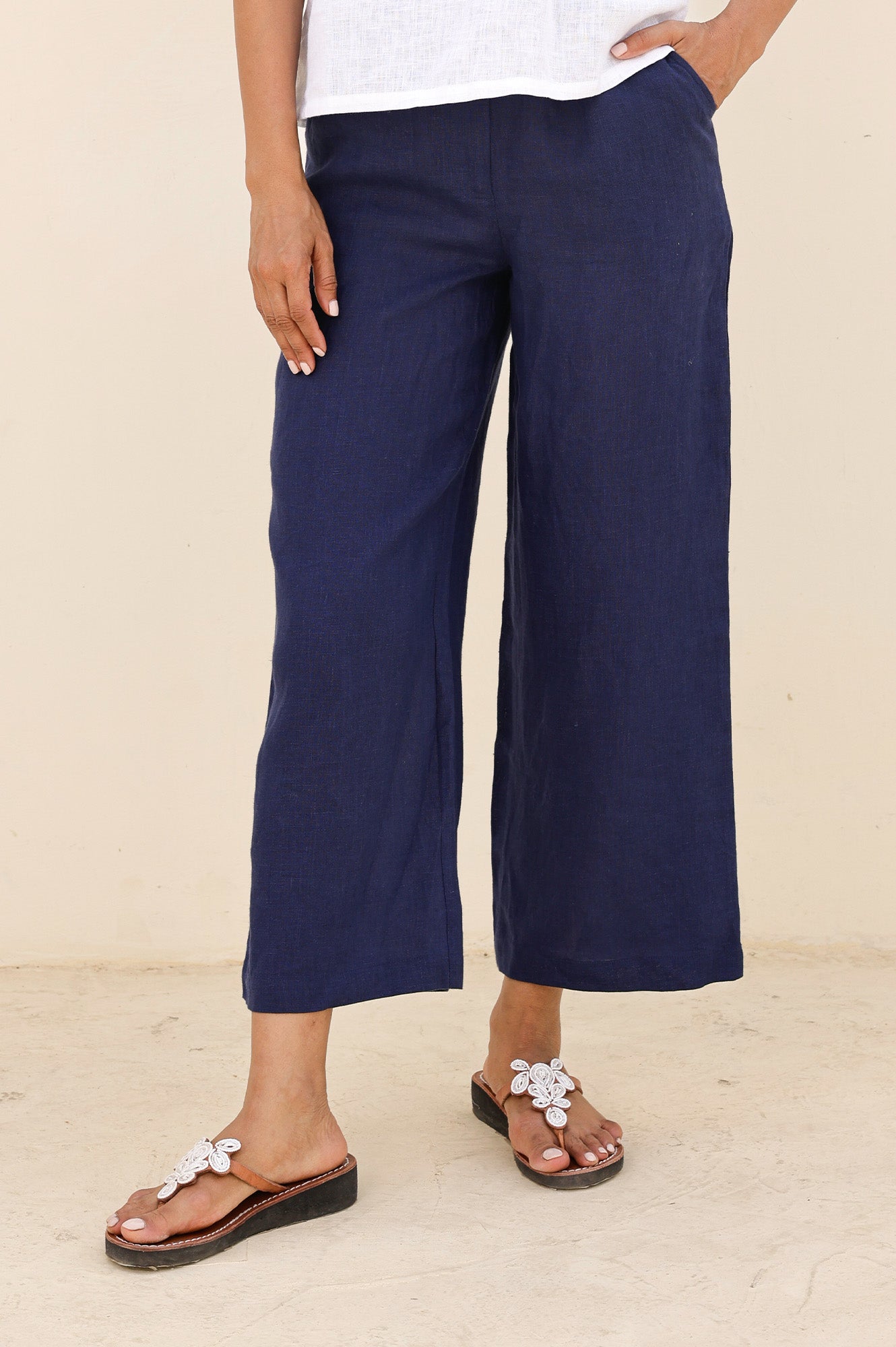 Wide Leg Linen Cropped Pants for Women - Navy Blue High Waist Summer Casual Trousers | Perfect for Beach, Vacation & Boho Style Outfits