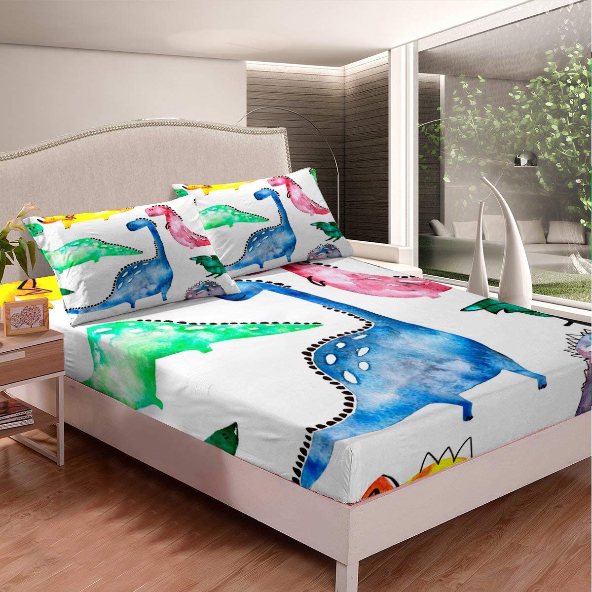Dinosaur Bedding Set for Kids - Cute Cartoon Fitted Sheet with 2 Pillowcases, Queen Size, Colorful Dino Print - Perfect for Children's Room Decor & Themed Bedrooms
