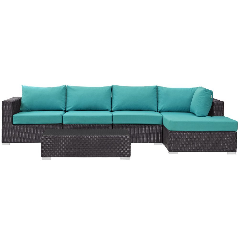 Modway EEI-2167-EXP-TRQ-SET 5-Piece Wicker Rattan Outdoor Patio Sectional Sofa Set - Espresso & Turquoise - Seats 4 - Weather-Resistant Garden Furniture for Backyard, Poolside & Terrace Relaxation