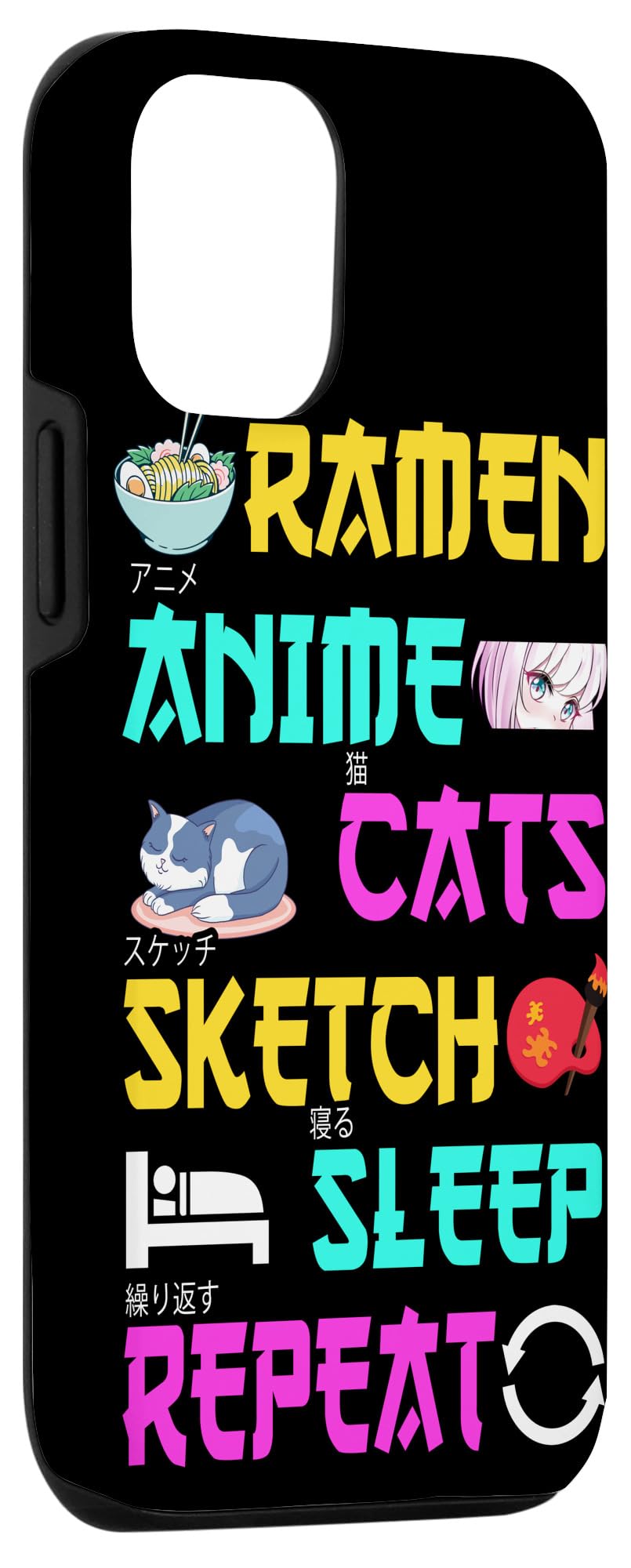 Funny Ramen Anime Cats iPhone 12/12 Pro Case - Kawaii Otaku Design with Sketch & Sleep Repeat Pattern - Perfect for Anime Lovers, Cosplay Events & Everyday Use