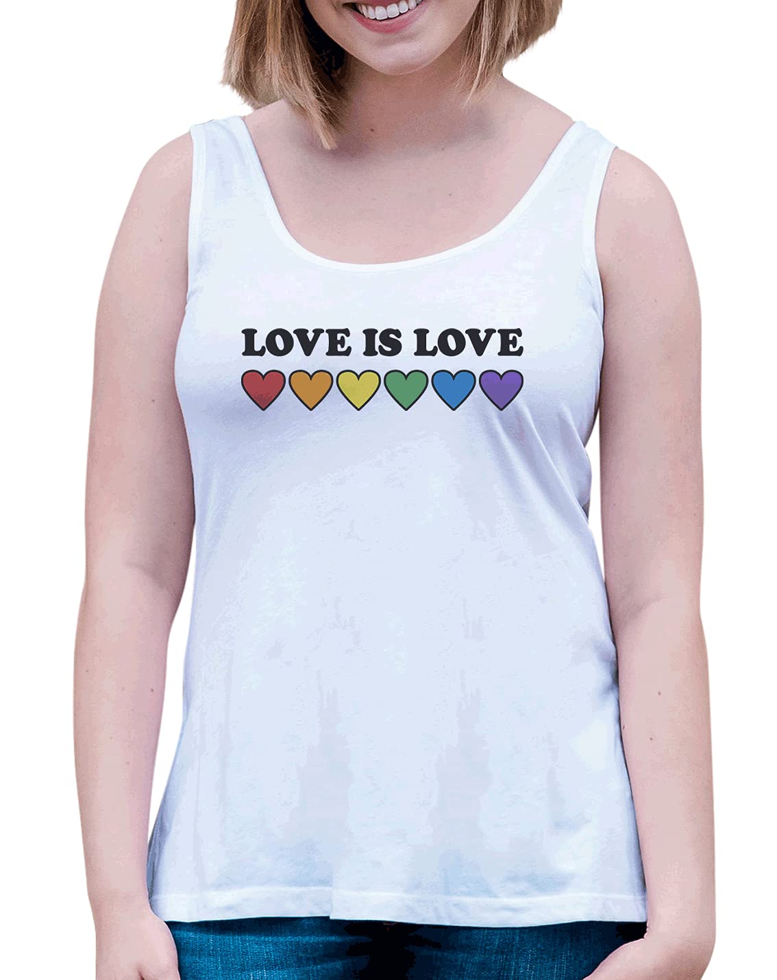 Women's Love is Love Hearts Pride Rainbow White Tank Top - LGBTQ+ Pride Graphic Tee for Women - Perfect for Pride Parades, Festivals & Casual Wear