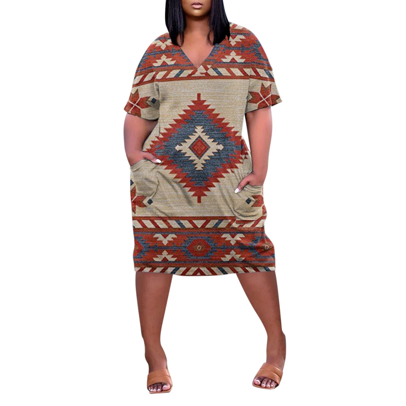 Women's Plus Size Tie Dye T-Shirt Dress - Summer Short Sleeve Casual Midi Dress with V Neck & Pockets | Loose Fit Comfort for Beach, Vacation & Everyday Wear