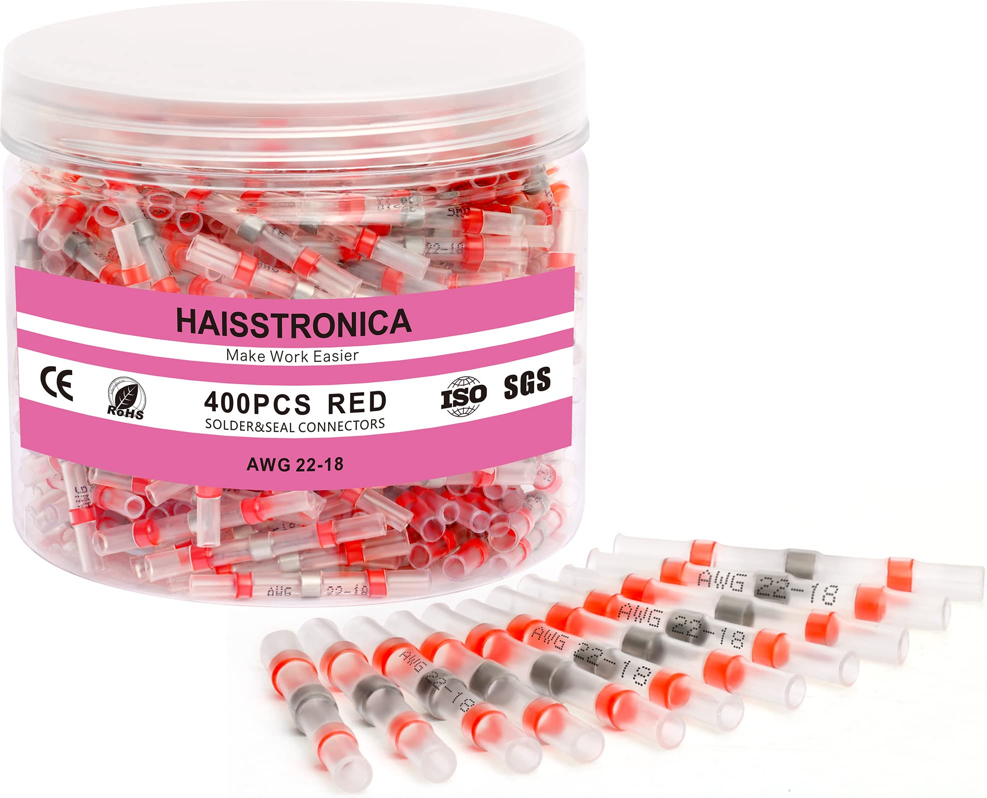 Haisstronica 400PCS Solder Seal Wire Connectors - Heat Shrink Butt Connectors, Waterproof Electrical Connectors for Marine, Automotive & Electronics (22-18 AWG, Red) | Ideal for Boat Wiring, Car Electrical Repairs & DIY Electronics Projects