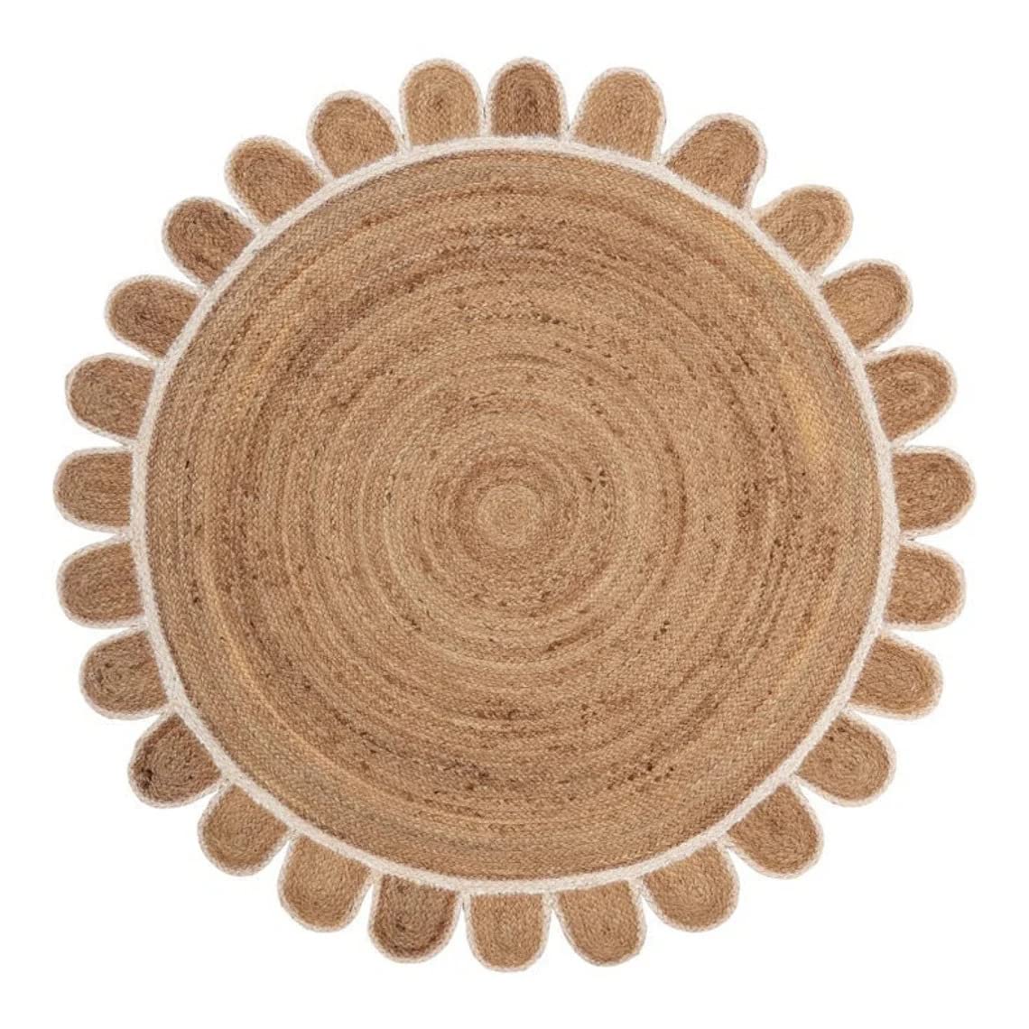 Handmade Round Jute Area Rug with Scallop Design - Natural Fiber Home Decor for Living Room, Bedroom & Boho Style Spaces