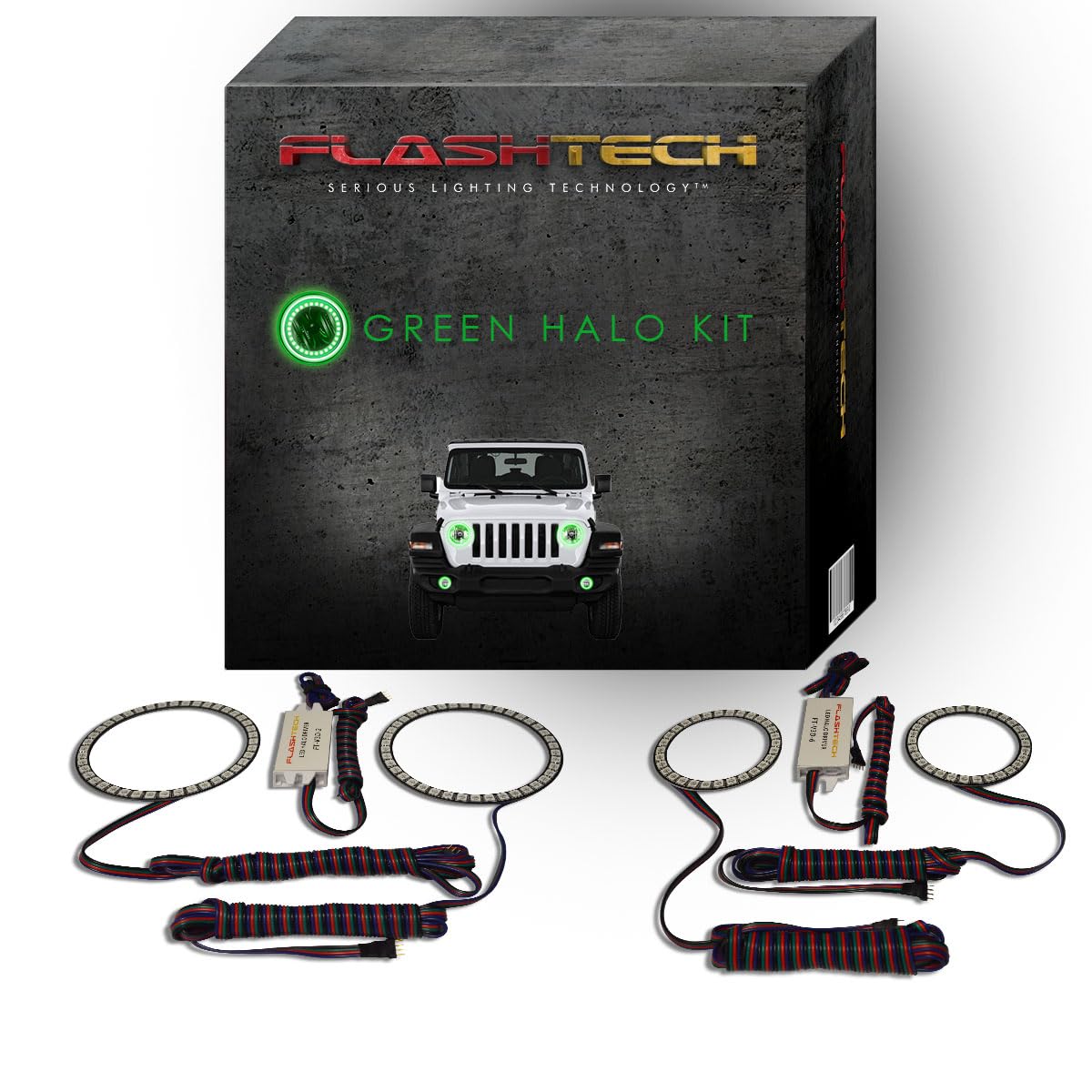 Flashtech Bright Green LED Halo Ring Headlight and Fog Light Kit for Jeep Wrangler 2018-2019 - Off-Road Adventure & Night Driving Lighting Upgrade