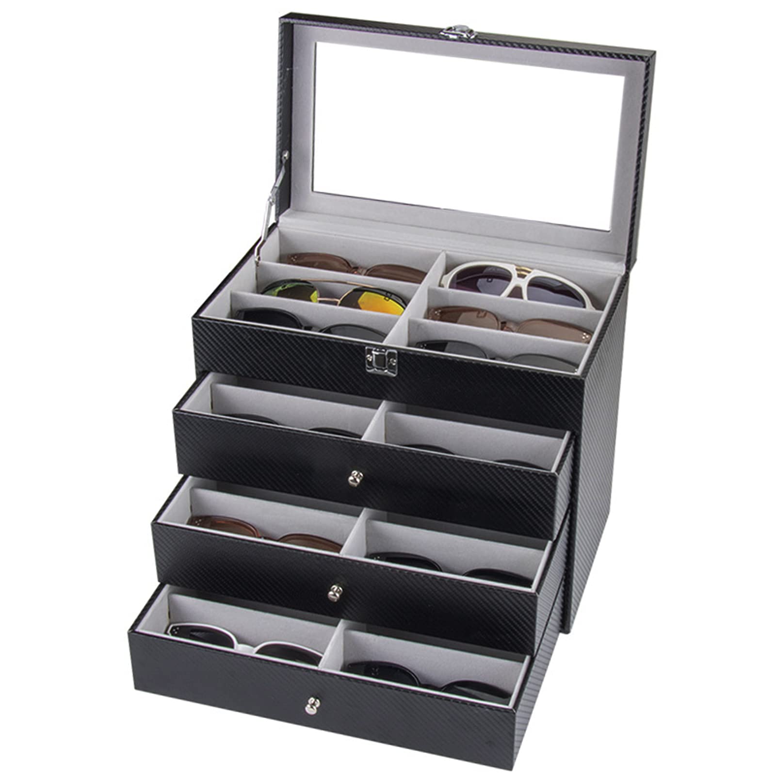YIYIBYUS Black Leather 6 Watch Box & 9-Piece Eyeglass Storage Organizer with Lockable Drawer - Jewelry Display Case & Sunglasses Holder (4 Layers 24 Grid) - Perfect for Watch Collections, Eyewear Organization & Jewelry Storage at Home or Retail Stores
