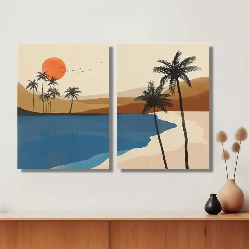 2-Piece Sunset, Birds, Oasis Landscape & Desert Palm Trees Framed Canvas Wall Art - 50x75cm High Quality Print | 100% Australian Made | Ready to Hang | Perfect for Living Room, Bedroom & Office Decor