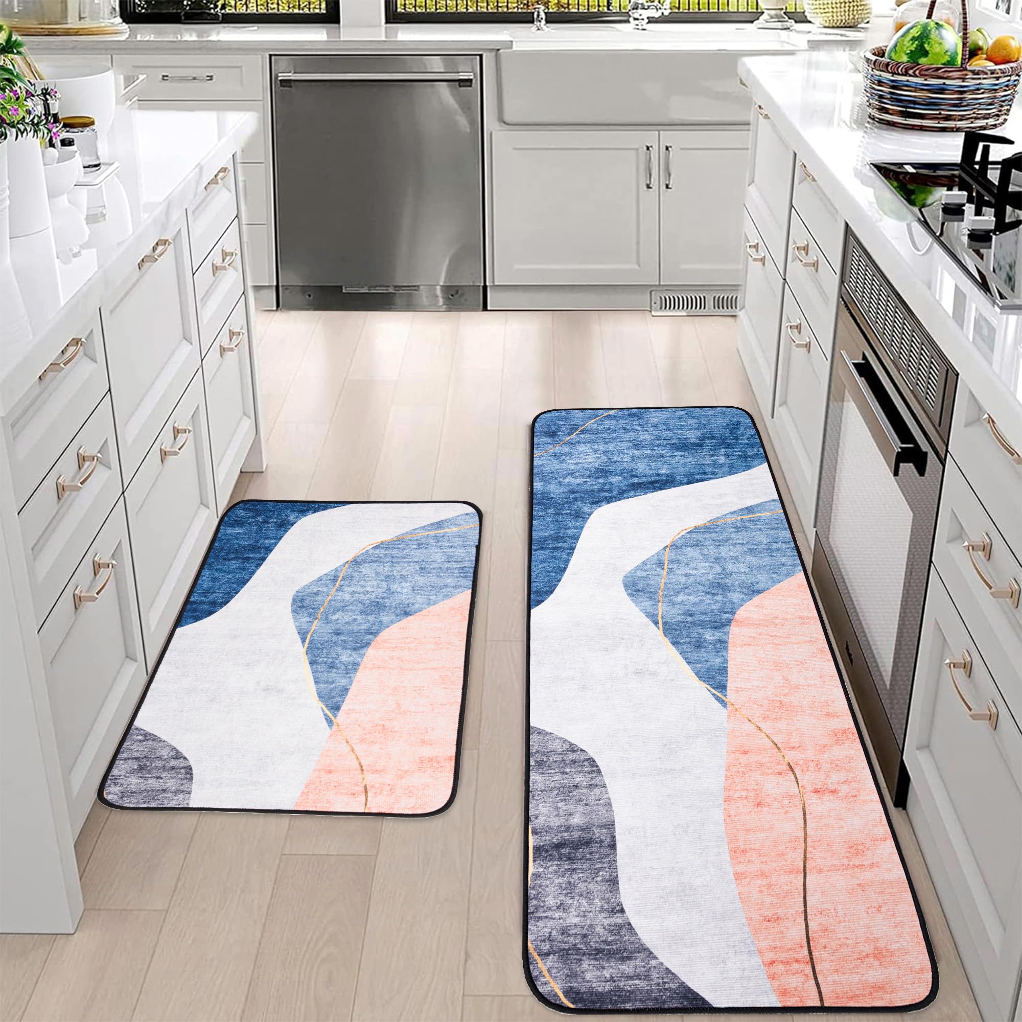 Kuber Industries 2-Piece Non-Slip Absorbent Kitchen Rug Set - Anti-Fatigue Floor Mats for Sink, Stove & Counter Areas - Washable Non-Woven Door Mats in Blue & Orange (HY097) - Perfect for Kitchens, Laundry Rooms & Entryways