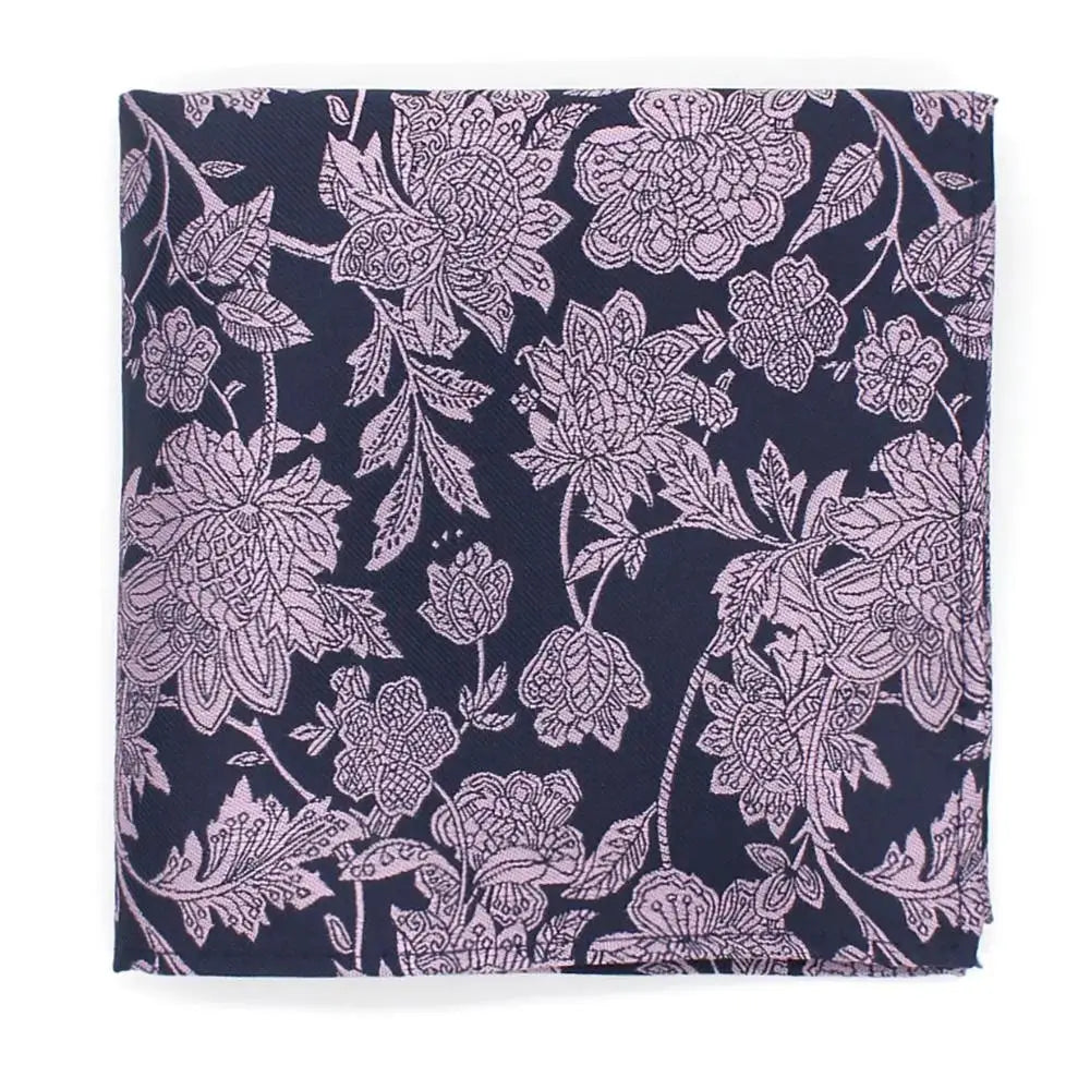 L A Smith Lilac On Navy Bold Floral Tie and Pocket Square Set - Elegant Accessories for Weddings, Parties & Formal Events