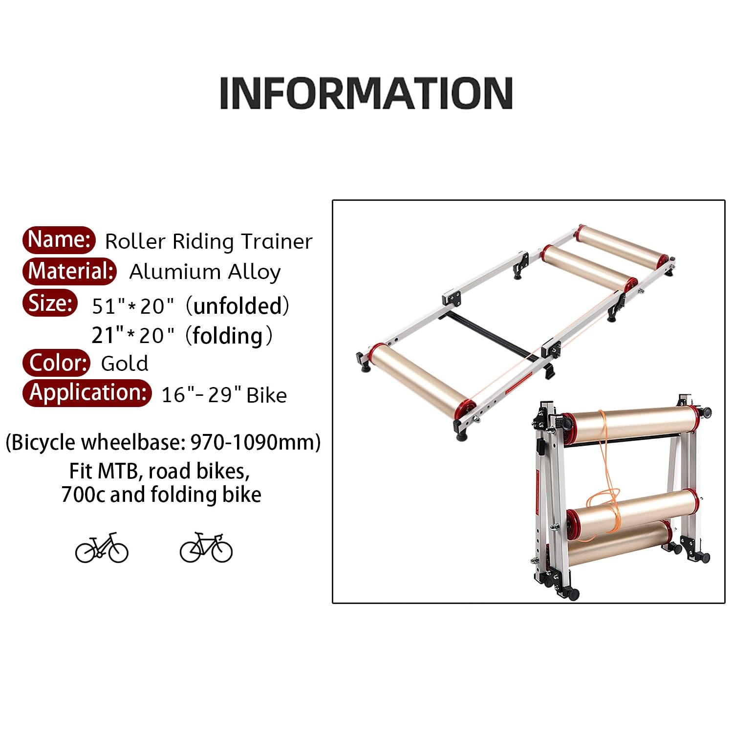 Adjustable Bike Trainer Stand - Foldable Indoor Cycling Roller with Resistance for Road & Mountain Bikes - Home Exercise Fitness Equipment for Cardio Workouts & Training