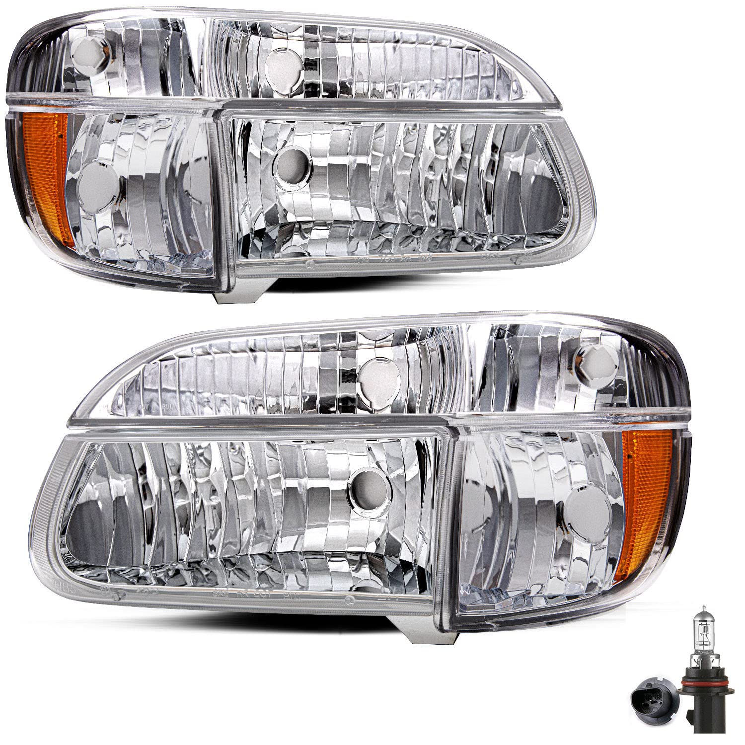 JSBOYAT Headlight Assembly Replacement with Bulbs for 1995-2001 Ford Explorer & 1997 Mercury Mountaineer - Driver & Passenger Side w/Corner Lights (4-Piece Set, Chrome Housing with Amber Reflector) - Perfect for Night Driving & Off-Road Adventures