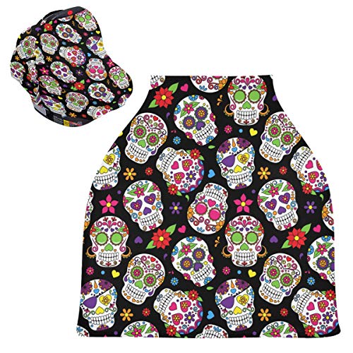 Stretchy Baby Car Seat Canopy - Sugar Skull Infant Stroller Cover, Multi-Use Car Seat Canopy & Nursing Cover for Boys & Girls | Perfect for Daycare, Travel & Outdoor Protection