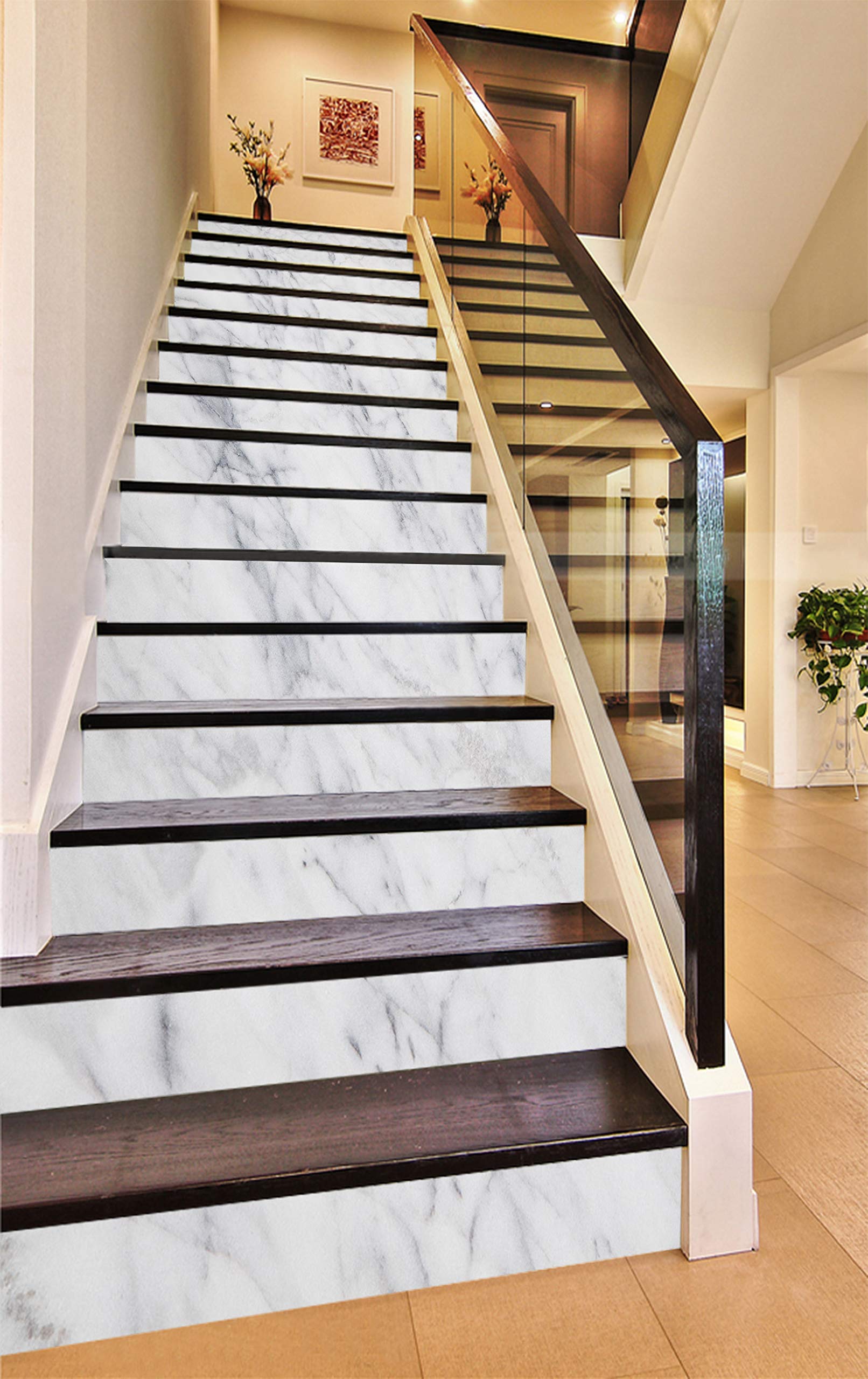 3D Elegant White 937 Pattern Tile Marble Stair Risers Decal - Vinyl Wallpaper Mural for Home Decor (15 Sheets, 18x102cm/7