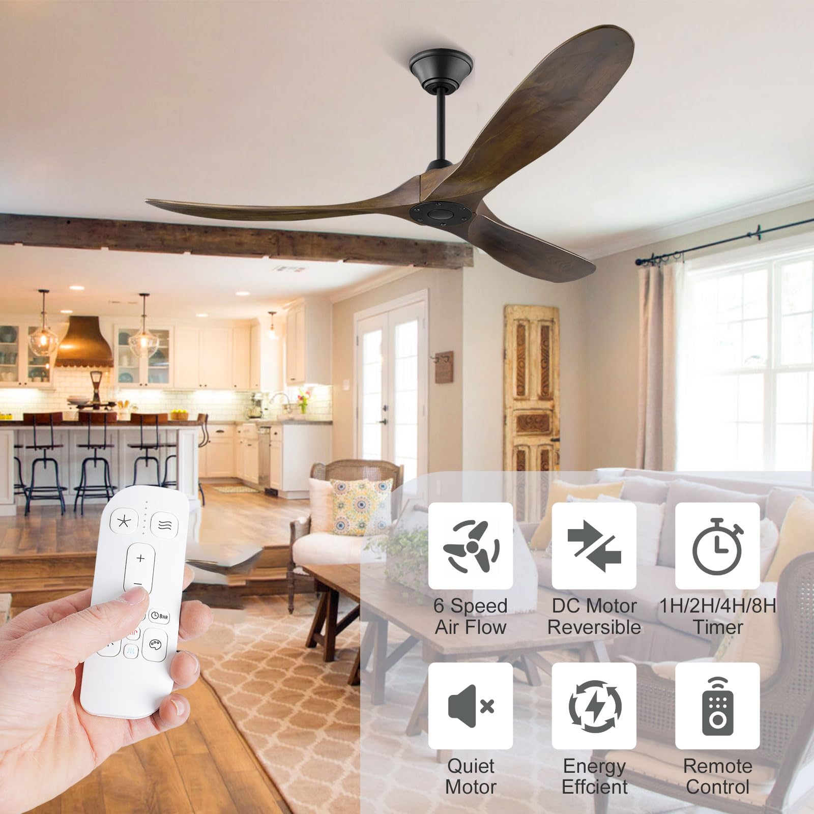 60 Inch Walnut Ceiling Fan with Remote Control - Modern Indoor/Outdoor Farmhouse Style Fan with 3 Wood Blades, No Light - Perfect for Patios, Living Rooms & Bedrooms