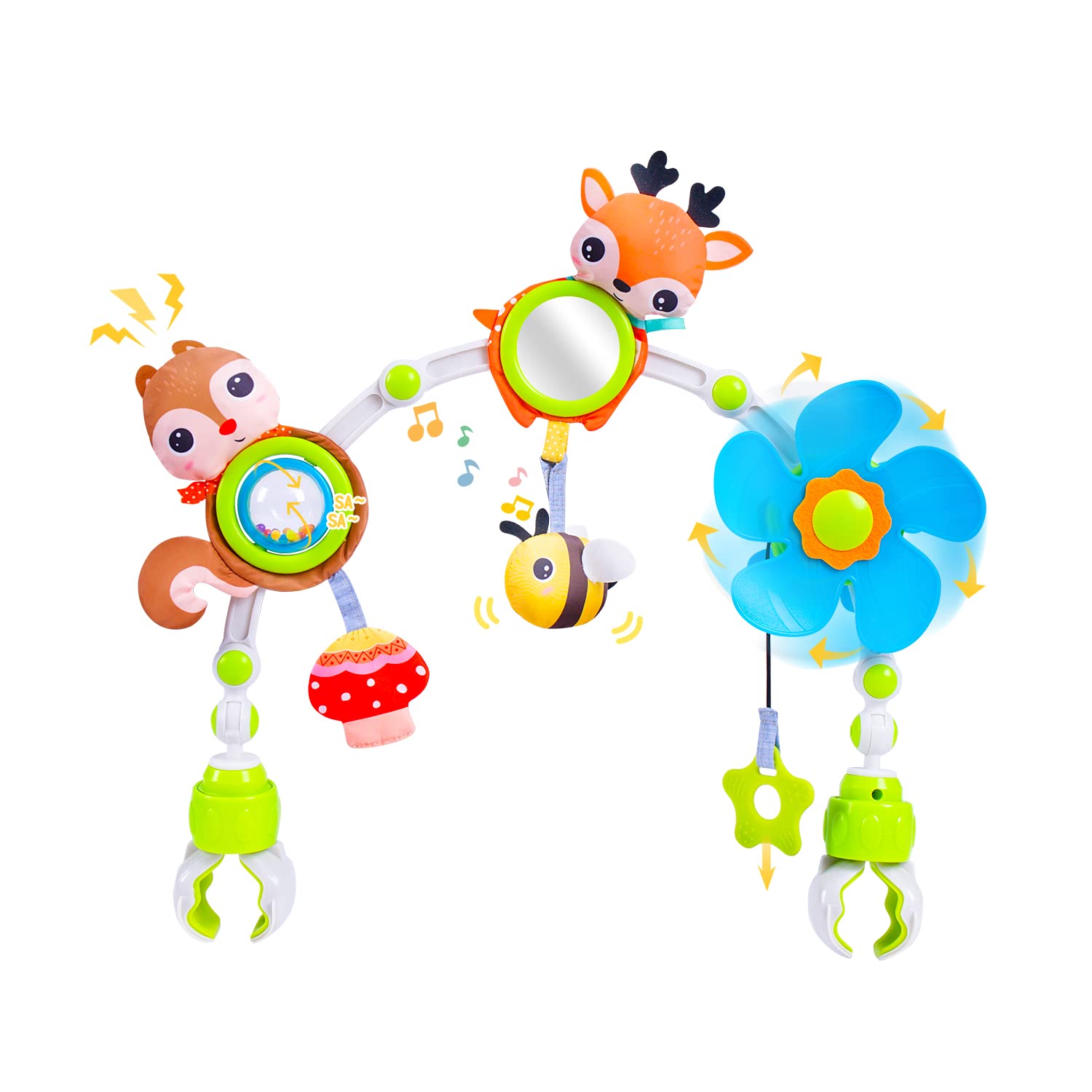 Koty Baby Stroller Arch Toy with Teether, Rattle, Crinkle Sound, Mirror & Music Box - Sensory Activity Toy for Newborns 0-12 Months - Adjustable for Car Seats, Strollers & Bouncers - Perfect for Travel, Playtime & Developmental Stimulation (Deer Design)