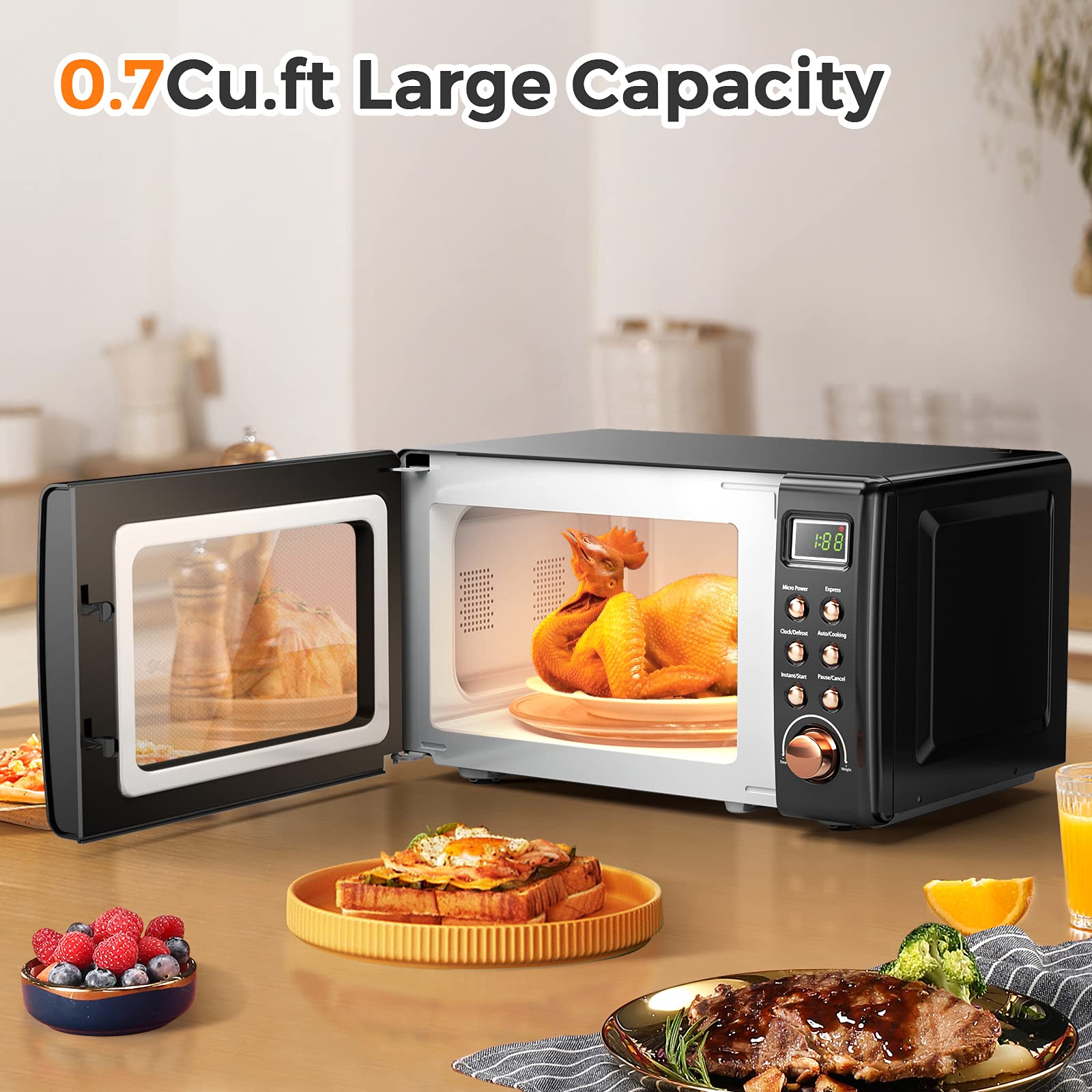 ARLIME 0.7Cu.ft 700W Small Retro Countertop Microwave Oven - 5 Power Levels, Auto Cooking & Defrost Functions, Stainless Steel Interior, LED Display - Perfect for Kitchen, RV, Dorm, Office & Small Spaces (Golden)