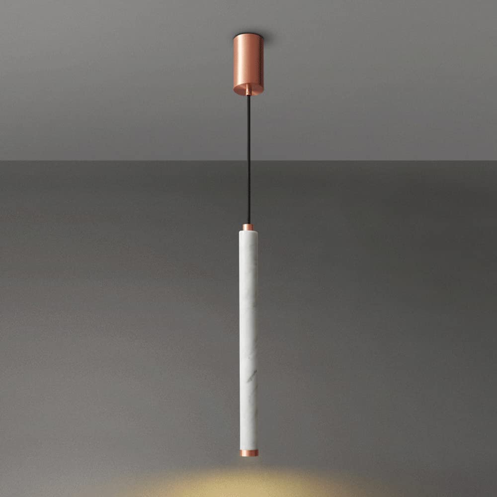 Adjustable Copper Ceiling Pendant Light with Marble Tube - Rose Gold Kitchen Island Spotlight, Hanging Fixture for Bedroom, Living Room & Villa Dining - Modern Height-Adjustable Suspension Lighting for Home Decor