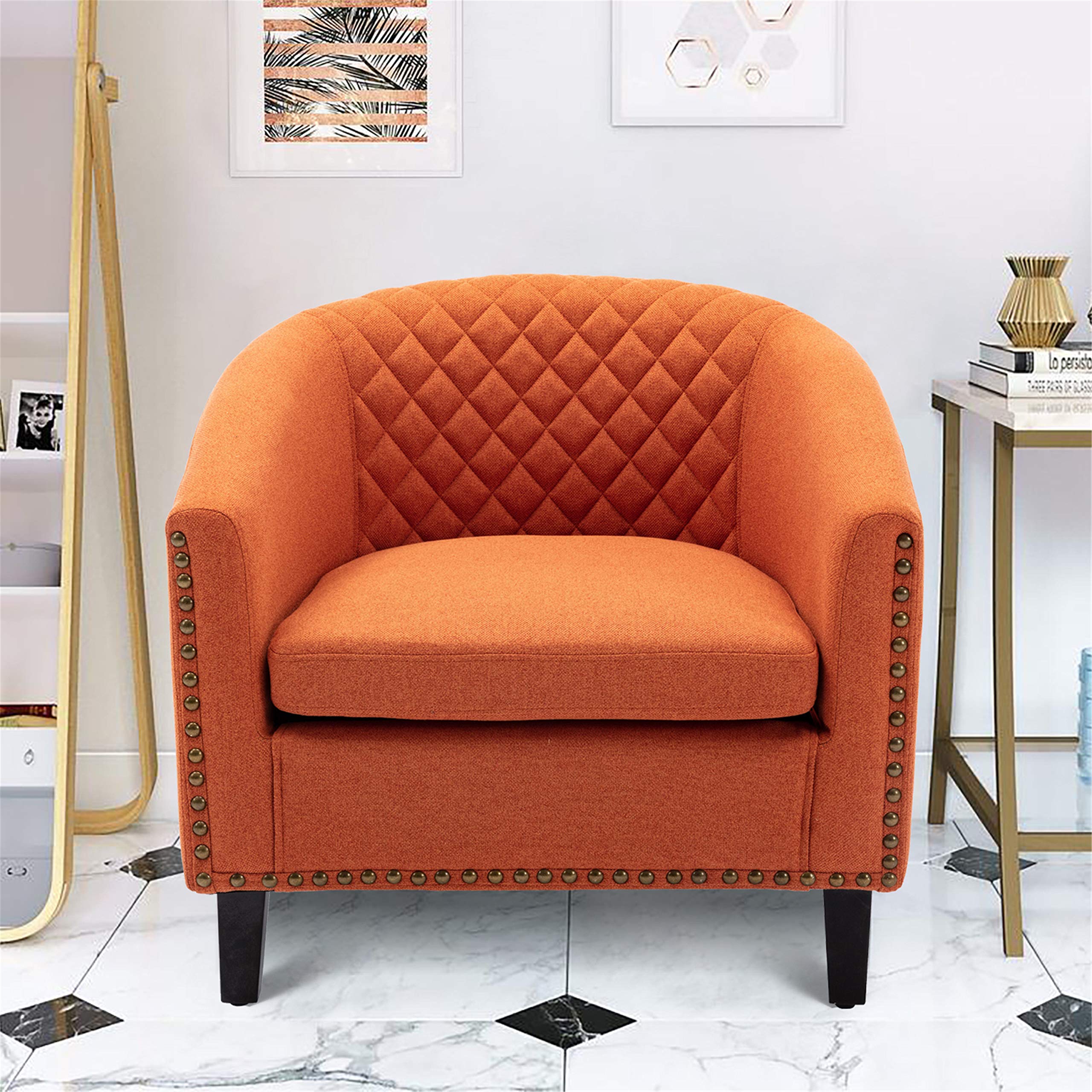 SSLine Classic Upholstered Accent Armchair - Soft Fabric Barrel Club Chair with Solid Wood Legs & Nailhead Trim - Comfortable Living Room Sofa, Office Guest Chair & Bedroom Seating (Orange) - Perfect for Cozy Reading Nooks, Home Offices & Lounge Areas