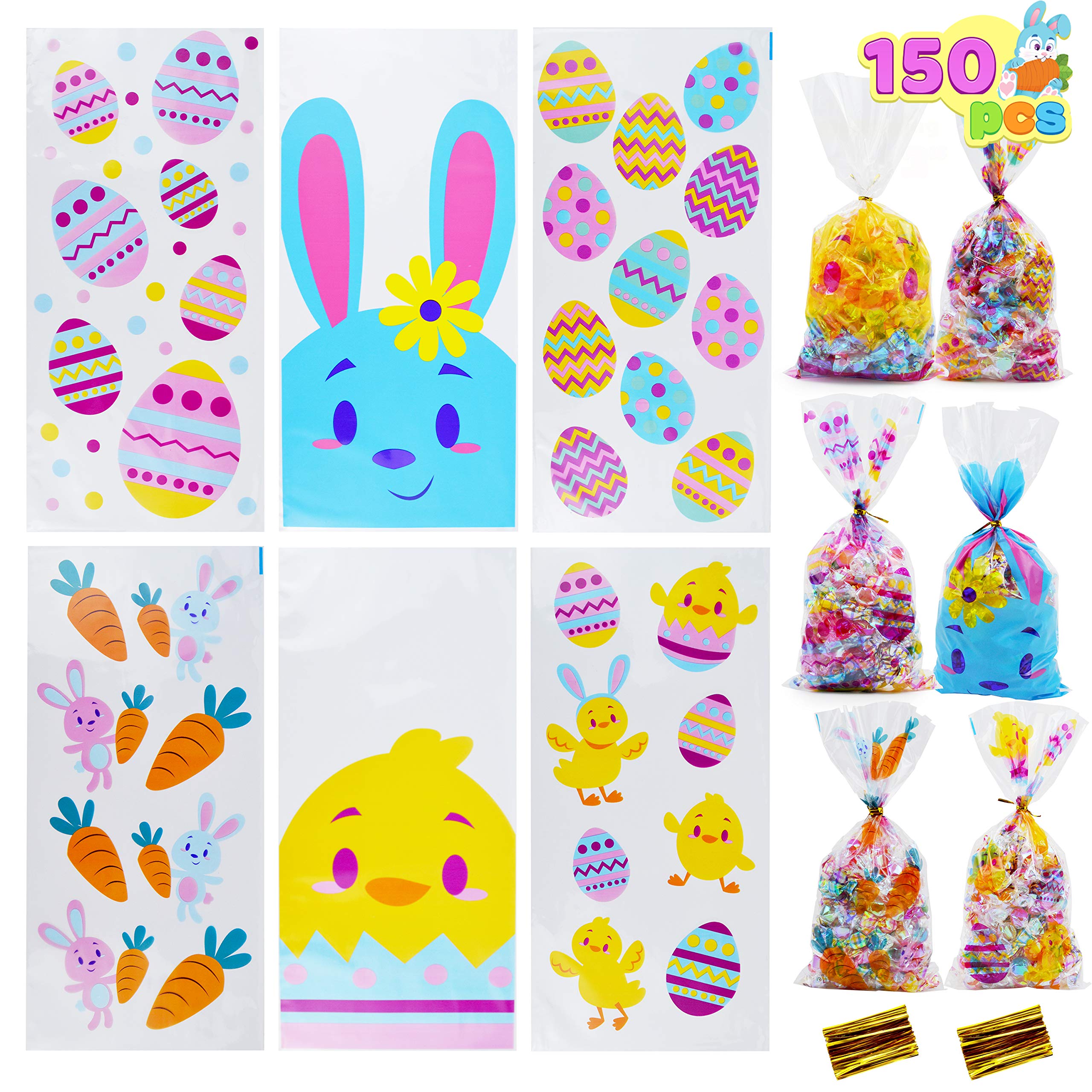 JOYIN 150 Pcs Easter Cellophane Bags with Twisted Ties - Pastel Colored Candy Treat Goodie Bags for Easter Egg Hunt, Kids Party Favors & Basket Stuffers - Perfect for Classroom Treats, Birthday Parties & Holiday Gift Wrapping