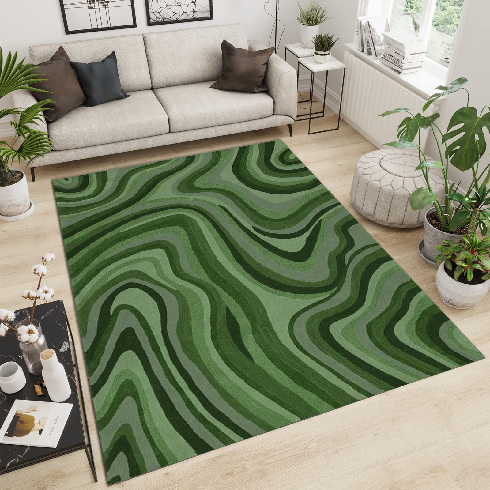 Abstract Green Gradient Striped Area Rug - Hand Painted Non-Slip Indoor Rug for Living Room, Bedroom, Kids Room & Study | Machine Washable Warm Decor (59