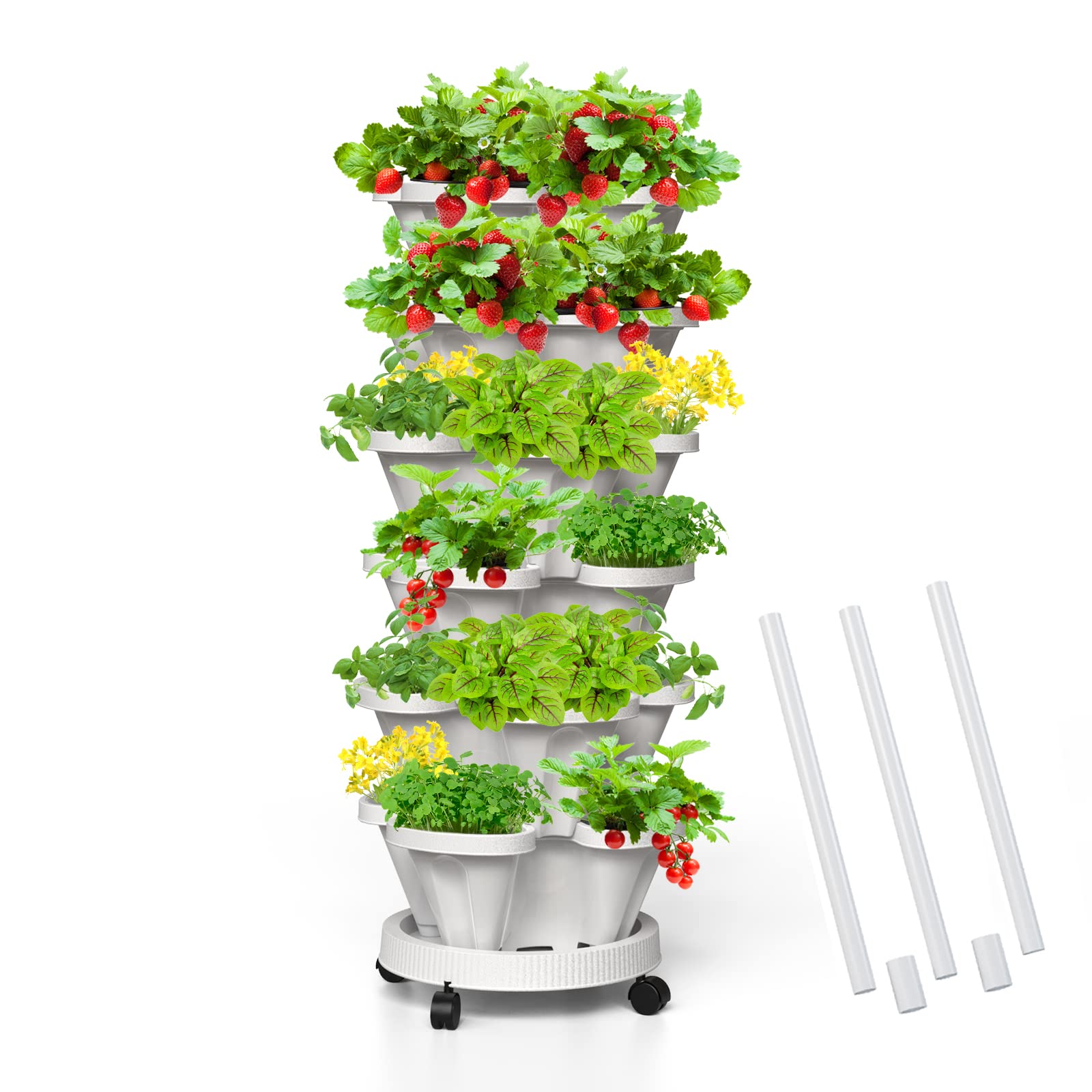 6 Tier Stackable Strawberry Planter with Support Pole - Vertical Garden Tower for Herbs, Vegetables, Fruits - Indoor & Outdoor Use (White) | Perfect for Small Spaces, Balconies, Patios & Urban Gardening