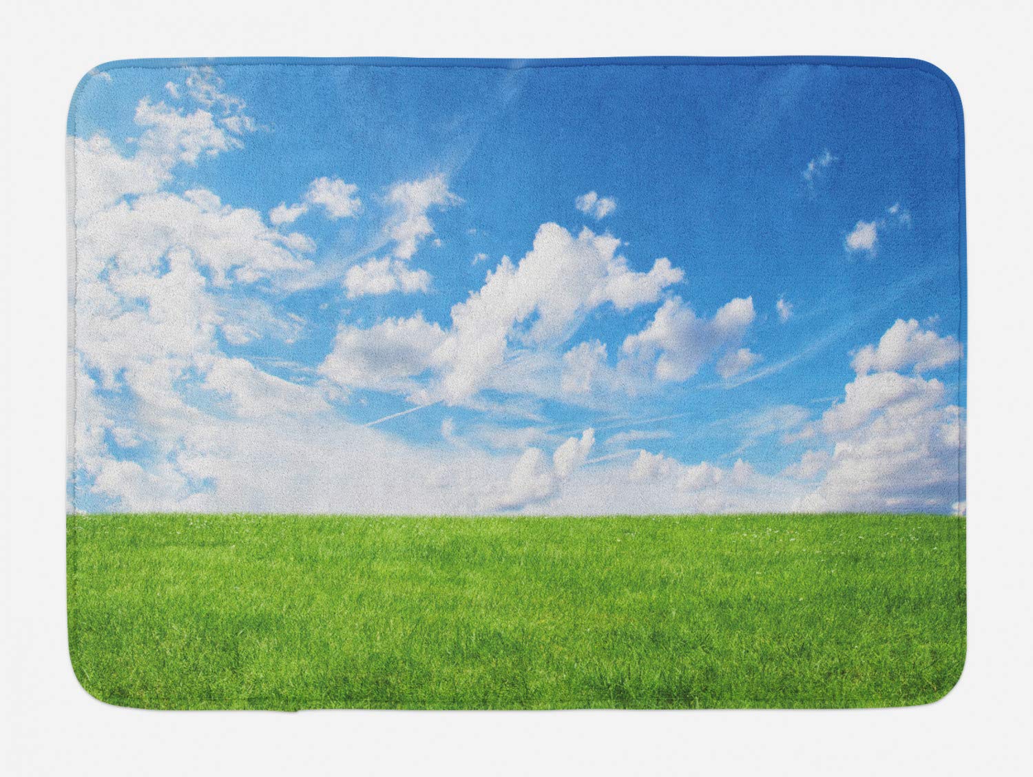 Ambesonne Blue Sky Bath Mat - Non-Slip Plush Bathroom Rug with Landscape Scenery Print, Greenery Land & Clear Clouds Design, 30.2