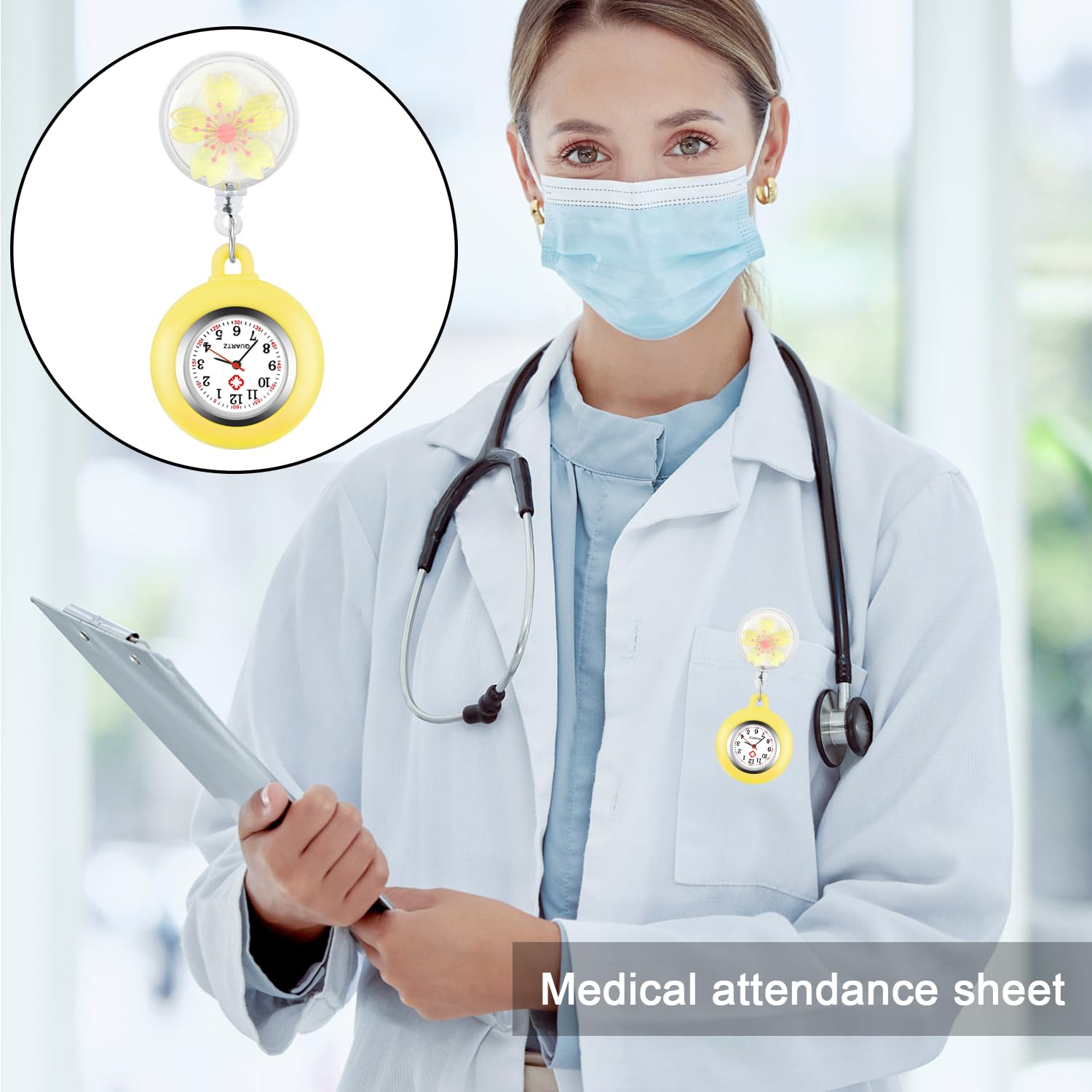 Tiong Pattern Nurse Watch with Flip Collar Clip - Retractable Arabic Numeral Dial Pocket Watch for Medical Professionals | Perfect for Nurses, Doctors & Healthcare Workers During Shifts & Patient Care