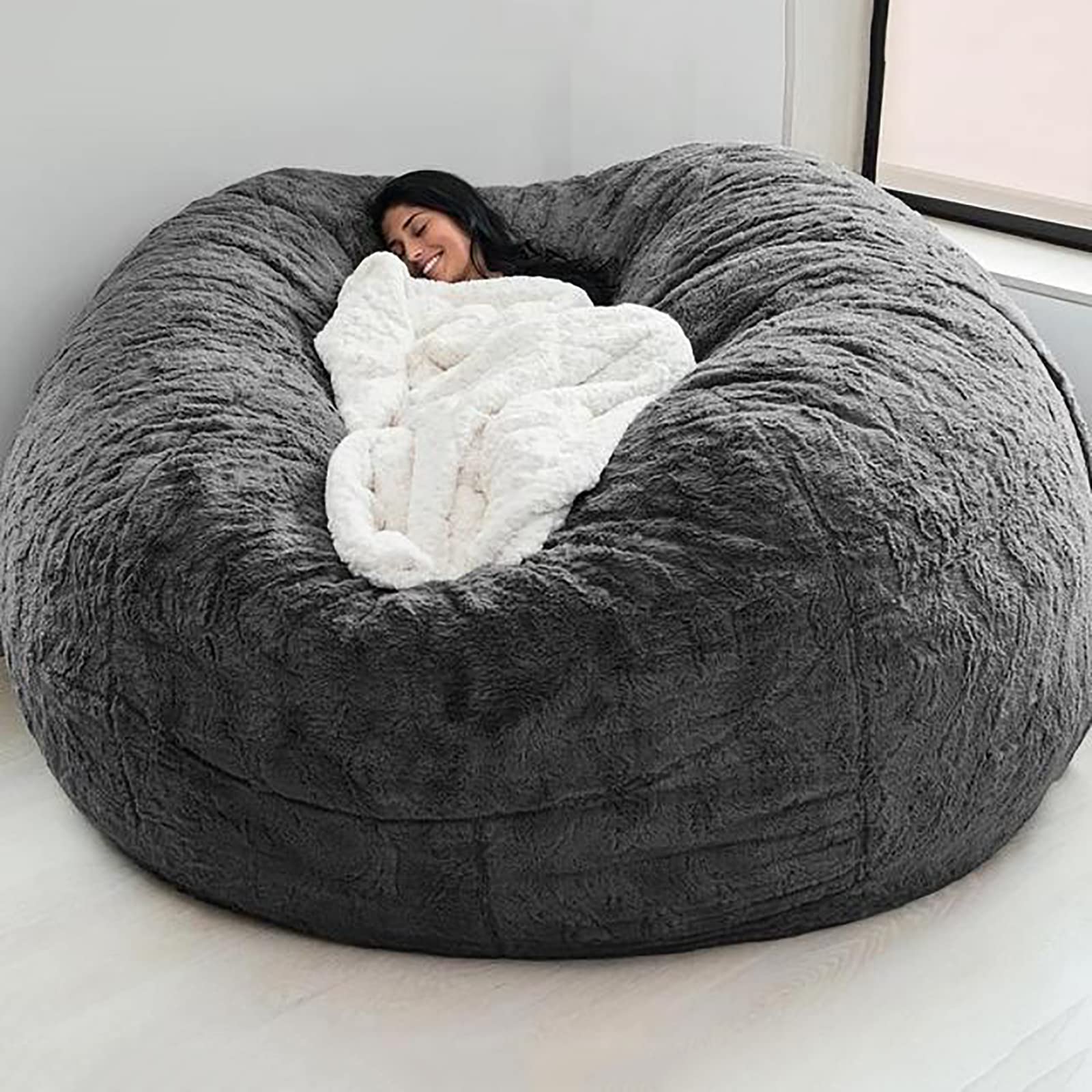 5FT/6FT/7FT Giant Bean Bag Chair Cover - Breathable & Comfortable Faux Fur Sofa Cover for Adults - Light Grey Big Round Soft Fluffy Lazy Chair Replacement (Perfect for Living Room, Bedroom, Game Room & Dorm Relaxation)