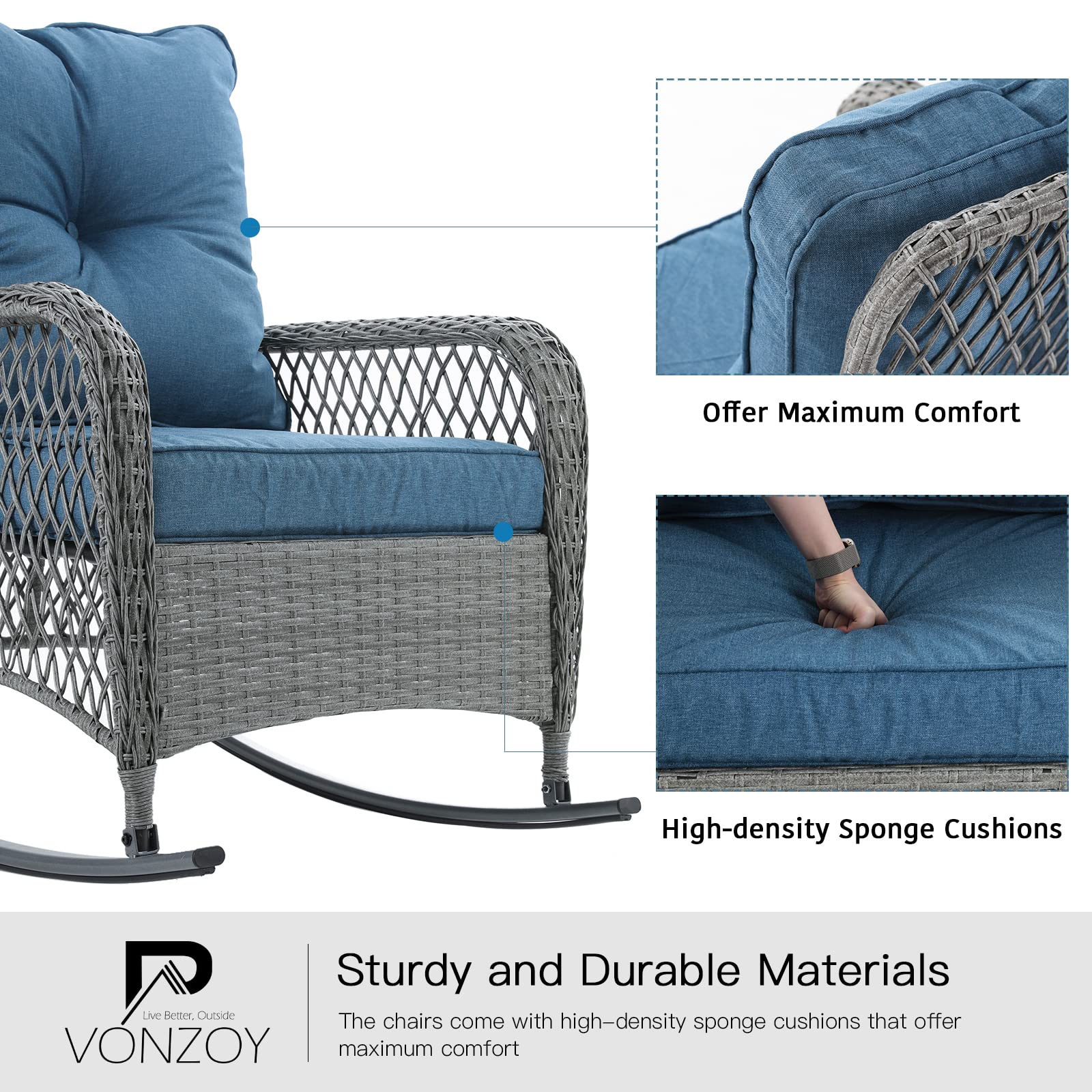 3-Piece Patio Furniture Set - Wicker Rocking Bistro Set with Thick Cushions, Outdoor Rocker Chairs & Coffee Table for Porch, Backyard or Garden (Blue) - Perfect for Relaxing, Entertaining & Outdoor Dining