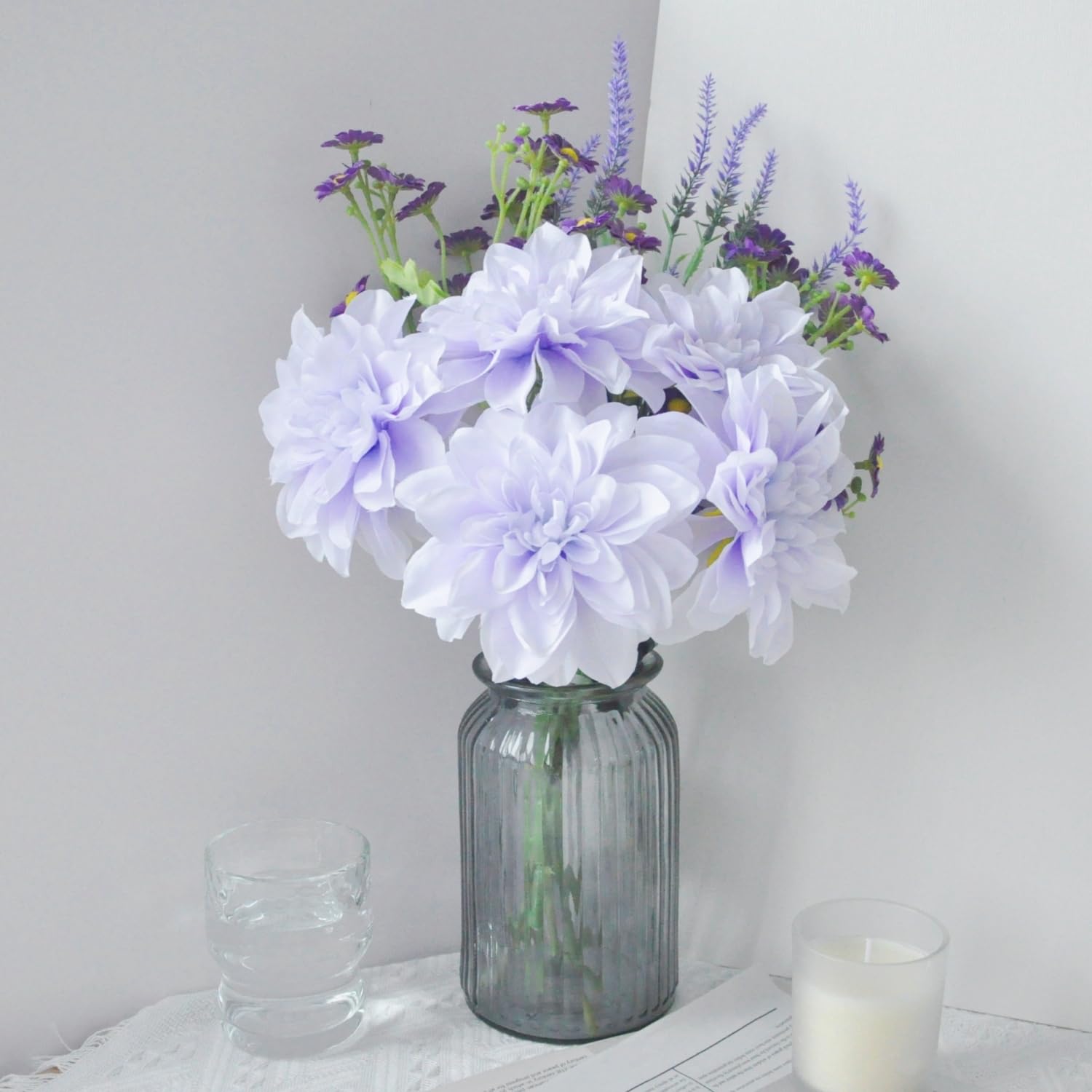 Purple Artificial Dahlia Flowers - Fake Daisy & Lavender Bouquet with Long Stems for DIY Home Decor, Office, Wedding Arrangements | Perfect for Centerpieces, Table Decor, and Party Decorations