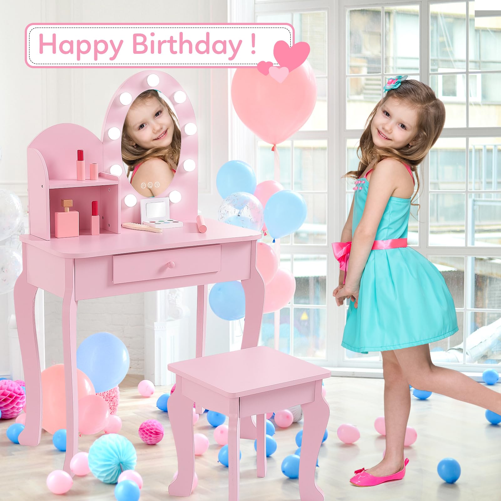 Pink Wooden Princess Makeup Vanity Set for Girls with Mirror, Stool, Drawer & Pretend Play Cosmetics - Kids Dressing Table with Lights (Batteries Not Included) - Perfect for Birthday Gifts, Pretend Play & Bedroom Decor