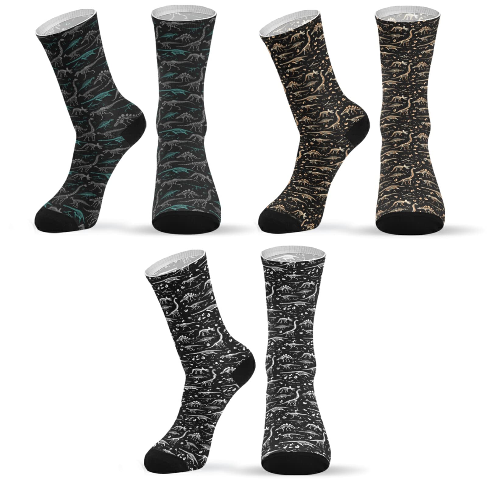 Dinosaur Skeleton Novelty Crew Socks 3-Pack - Black & White Casual Socks for Men & Women - Perfect for Costume Parties, Gifts, and Everyday Wear