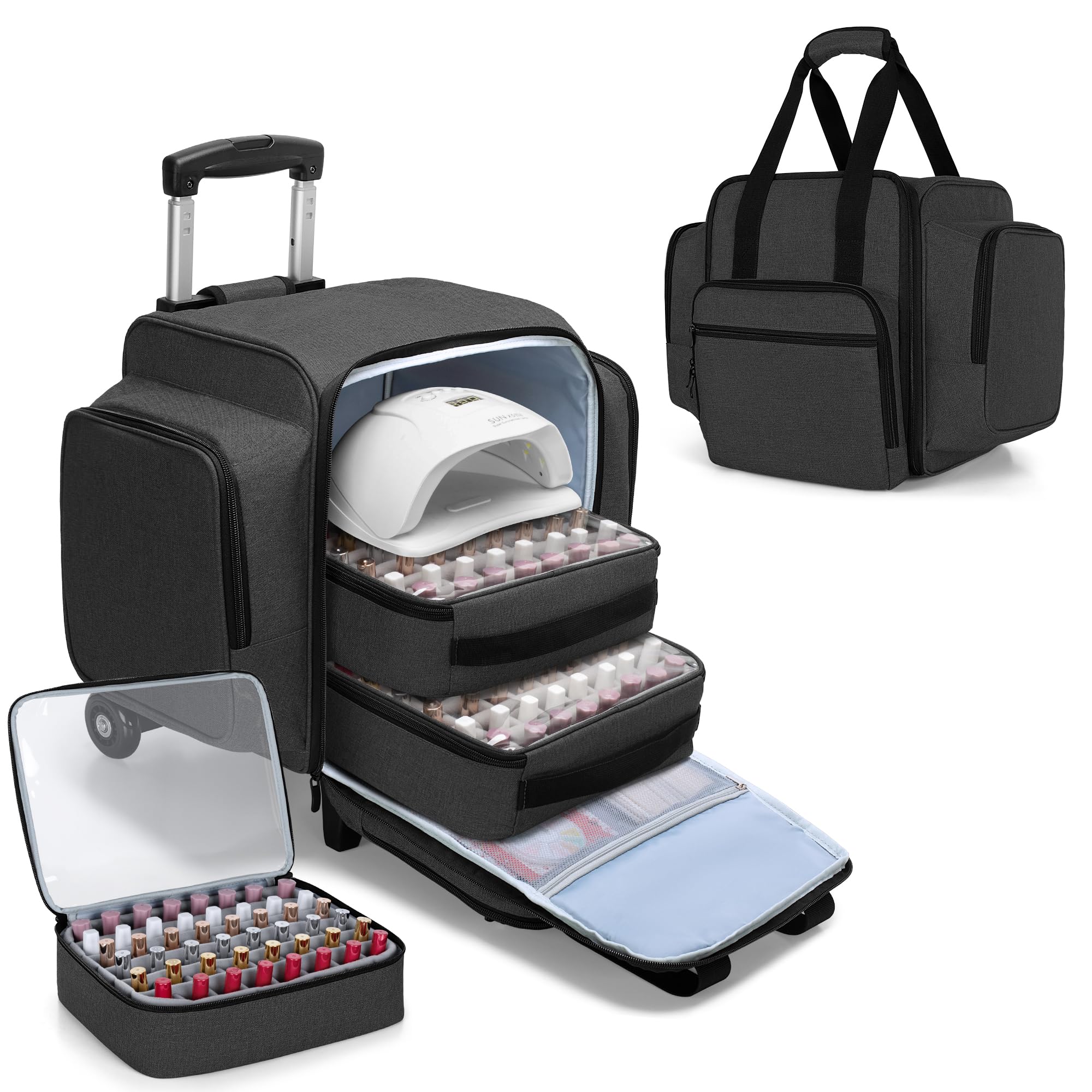 BAFASO 144 Bottle Rolling Nail Polish Organizer - Portable Nail Polish Storage Case with Detachable Wheels & 3 Removable Trays (Patented Design, Black) | Perfect for Salon Professionals & Home Nail Art Enthusiasts