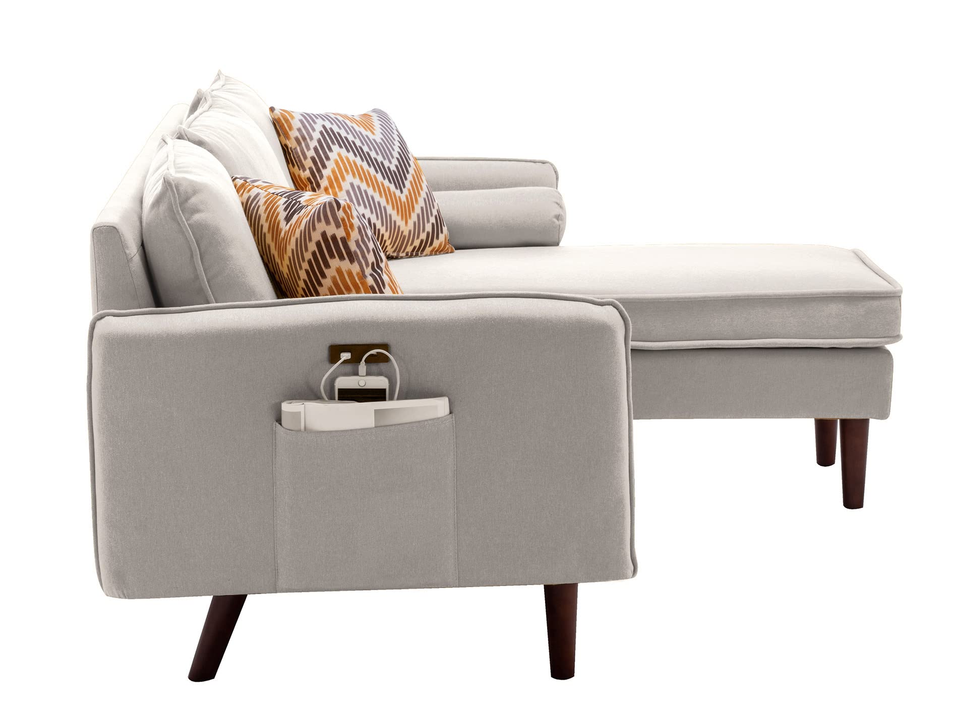 Lilola Home Mia Beige Sectional Sofa with Chaise Lounge, USB Charging Ports & Throw Pillows - Modern Living Room Furniture for Small Spaces & Family Gatherings