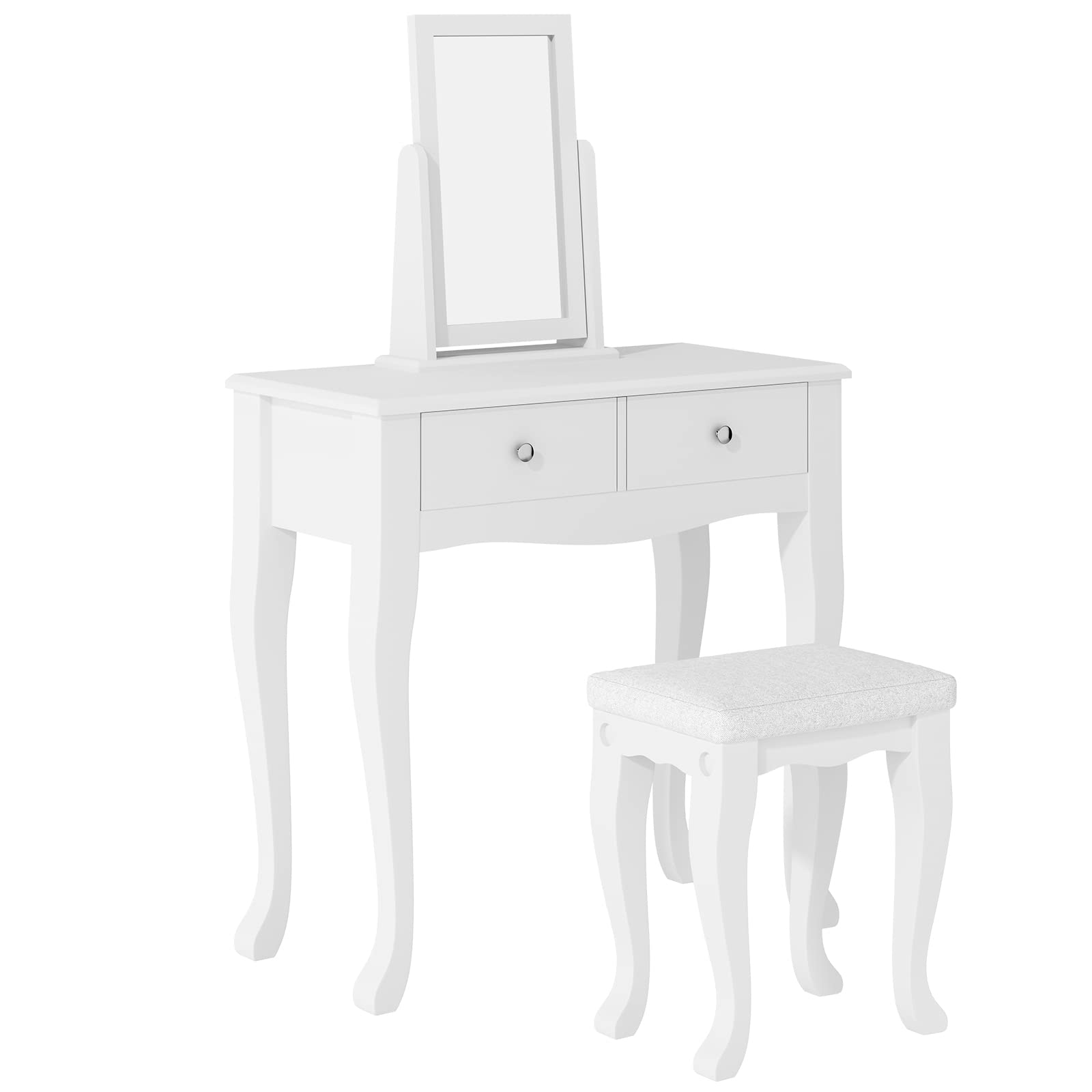 Soges White Makeup Vanity Table Set with 2-Drawer Dresser Desk, 360° Rotating Mirror & Cushioned Stool - Elegant Bedroom Dressing Table for Women's Beauty Routine, Cosmetics Organization & Home Decor