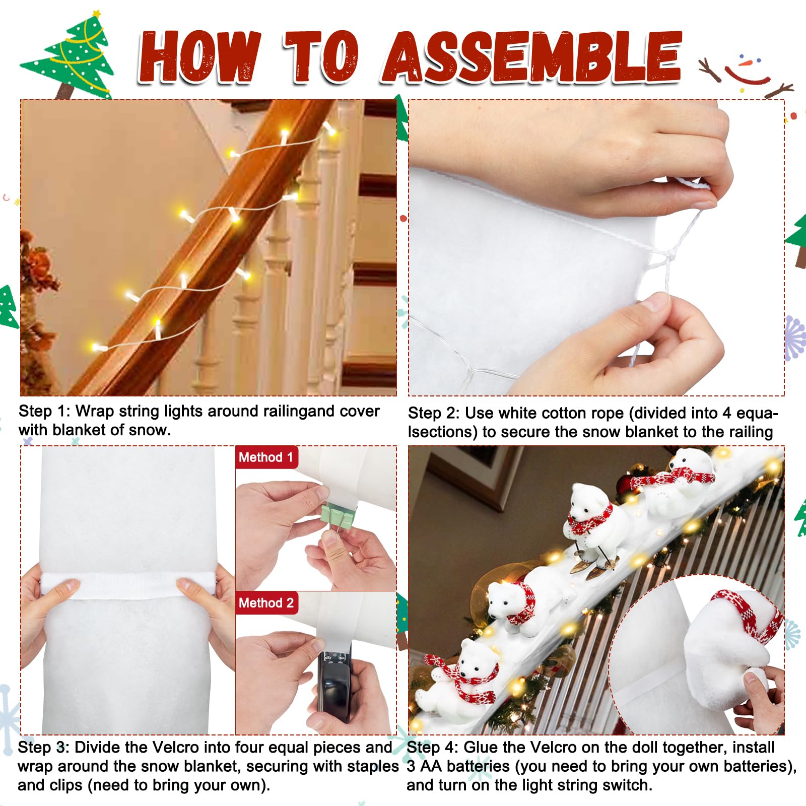 Polar Bear Christmas Staircase Decorations Set - 4PCS Skiing Polar Bears with Artificial Snow & LED Lights for Holiday Stair Decor | Indoor Home Christmas Decor for Staircase, Banister, and Entryway