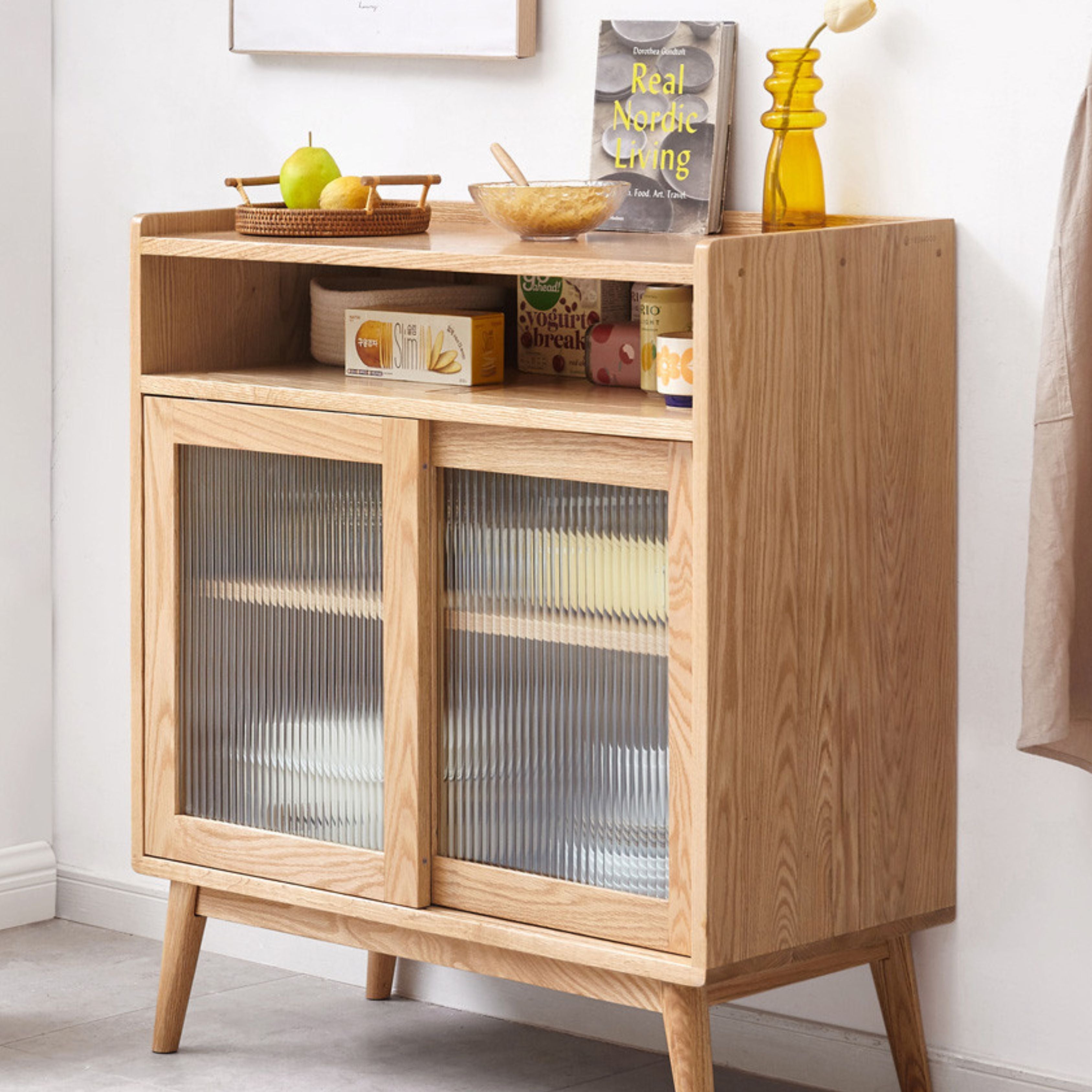 Oak Solid Wood Sideboard with Sliding Doors - Rustic Farmhouse Buffet Cabinet for Dining Room Storage & Living Room Decor