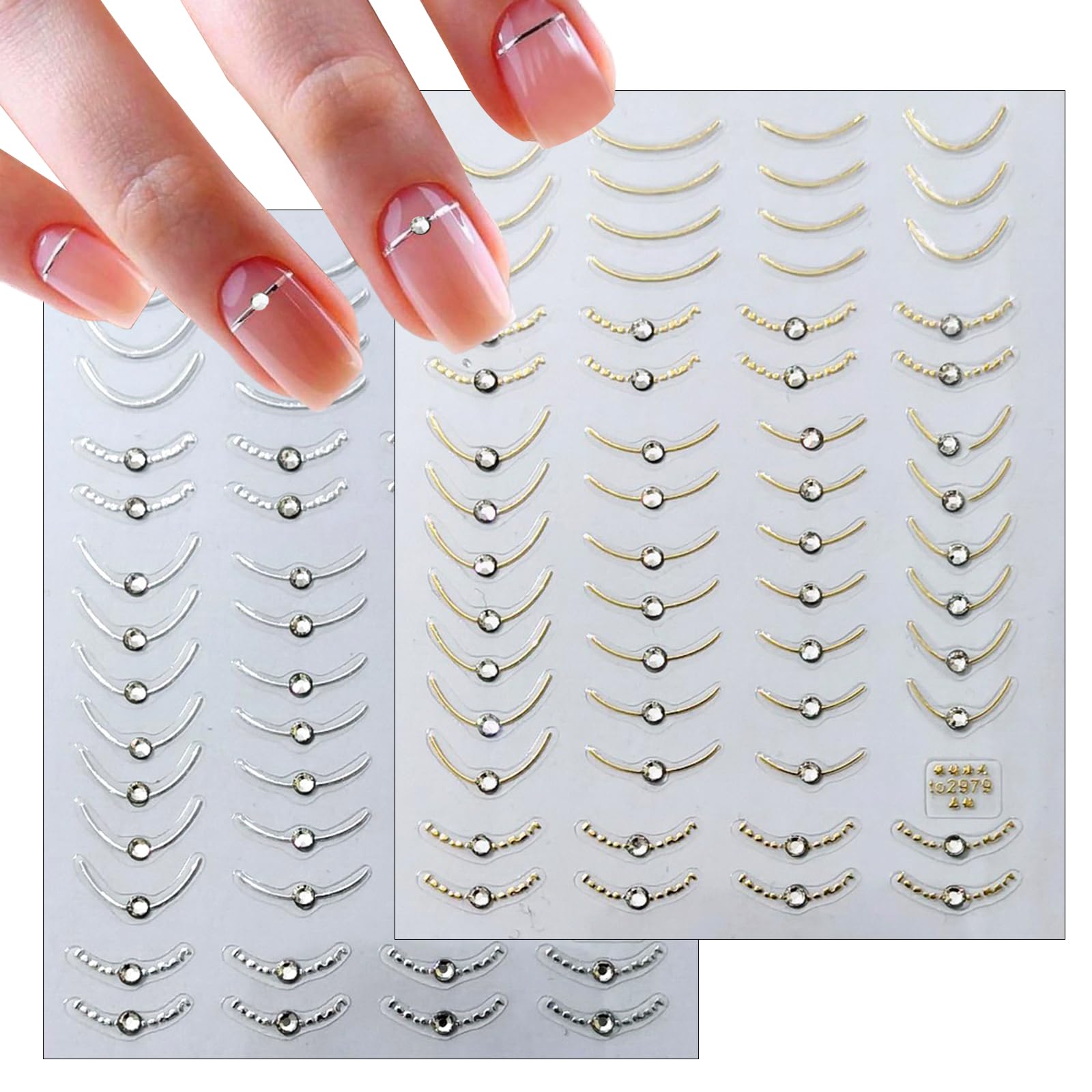 2 Pack 5D Crystal Diamond French Line Nail Art Stickers - Elegant Gold & Silver Nail Decals for Women | Perfect for Manicures, Parties, Weddings & Special Occasions