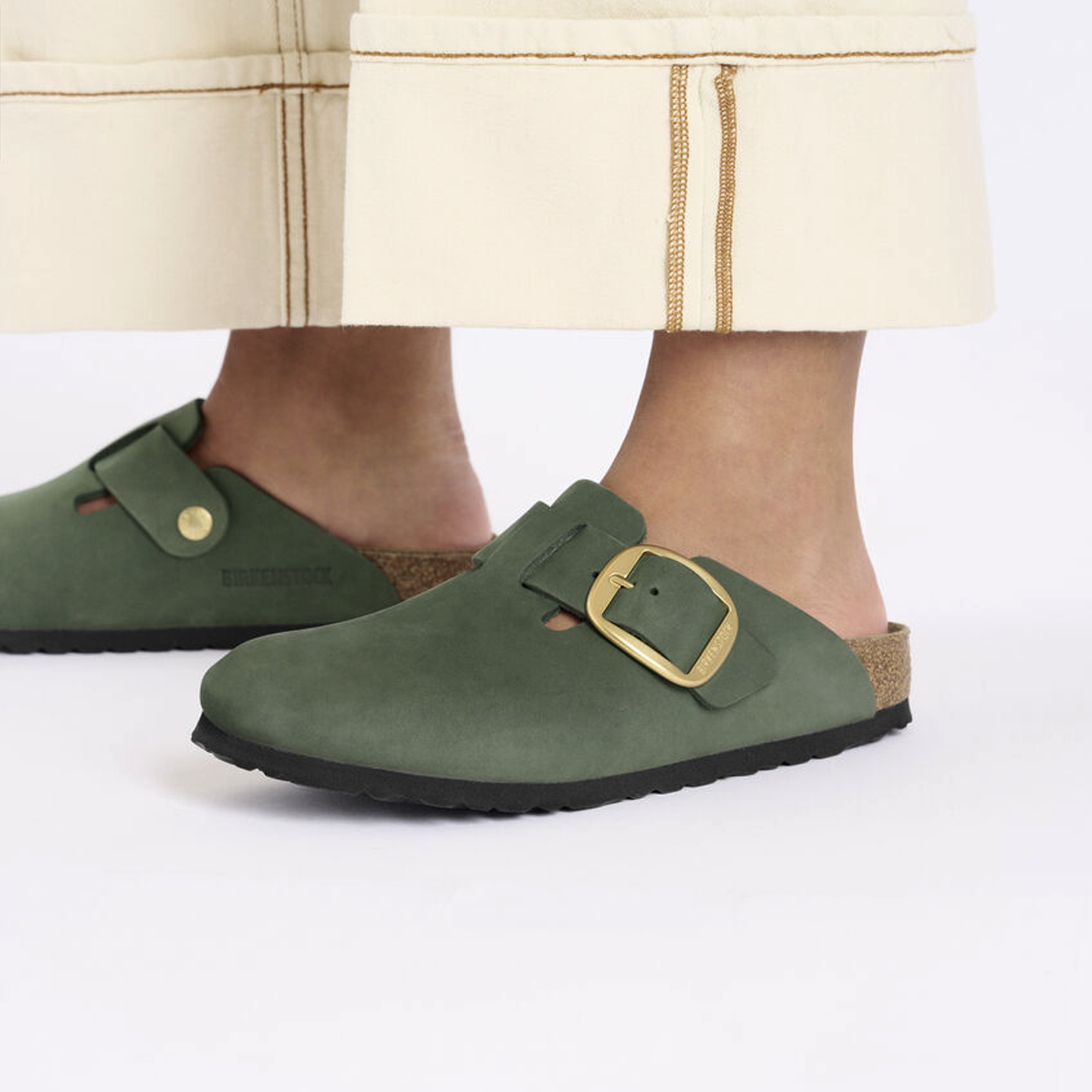 Birkenstock Boston Big Buckle Narrow Clog for Women - Thyme Nubuck Leather | Comfortable Slip-On Shoes for Home, Office & Casual Wear