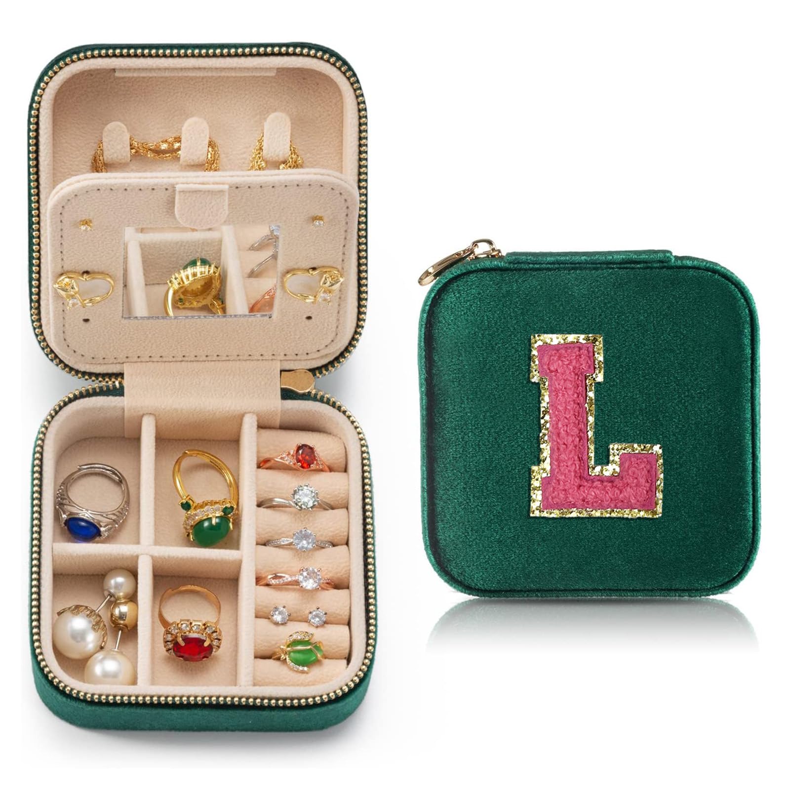 Personalized Velvet Jewelry Travel Case for Women - Ring Necklace Earring Organizer with Mirror | Green Velvet Jewelry Box | Perfect Gift for Mom, Girlfriend, Birthday | Great for Travel, Home Storage & Special Occasions