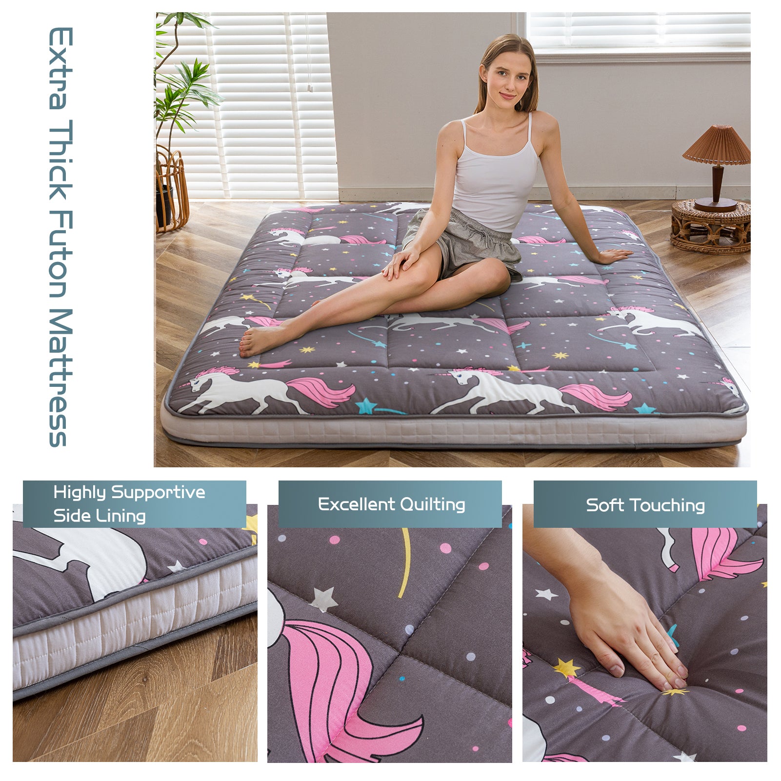 MAXYOYO Unicorn Pattern Padded Japanese Floor Mattress - Extra Thick Foldable Sleeping Pad for Camping, Travel & Home Use - Perfect for Guest Beds, Couch Lounging & Outdoor Adventures