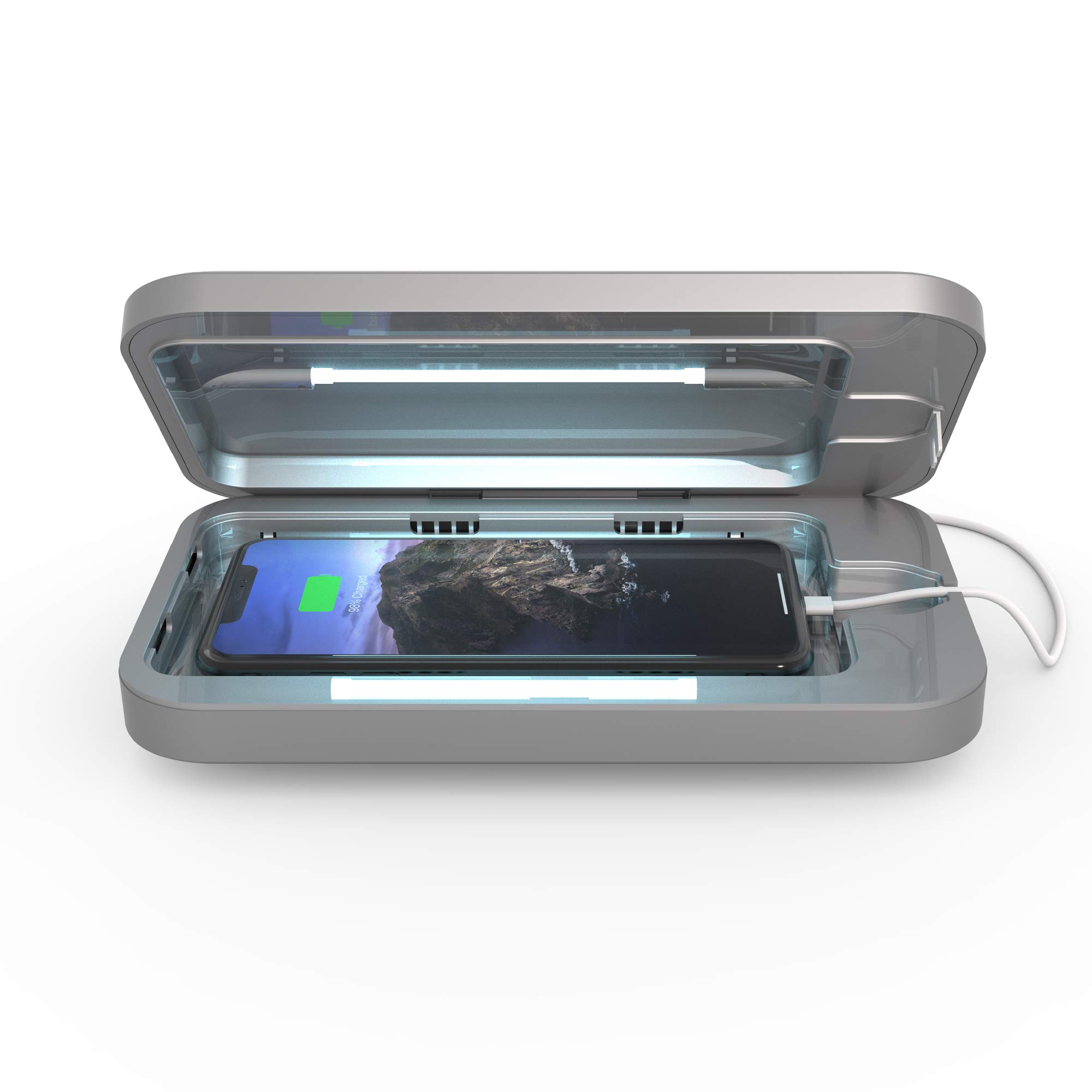 PhoneSoap 3 UV Cell Phone Sanitizer & Charger - Patented 360° UV-C Light Disinfection for All Phones | Clinically Proven to Kill Germs | Universal Phone Charging Station | Perfect for Home, Office & Travel Use (Silver)