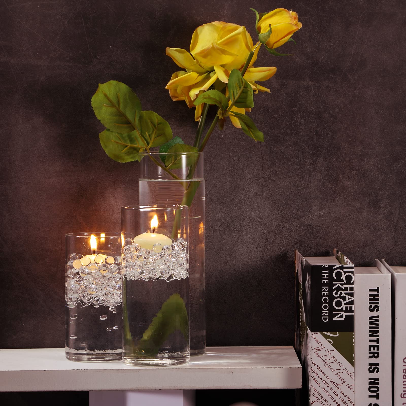 6 Pack 6 Inch Tall Clear Glass Cylinder Vases with 12 White Floating Candles - Wedding Centerpieces, Home Decor, Table Decorations for Dining Room, Party & Special Events