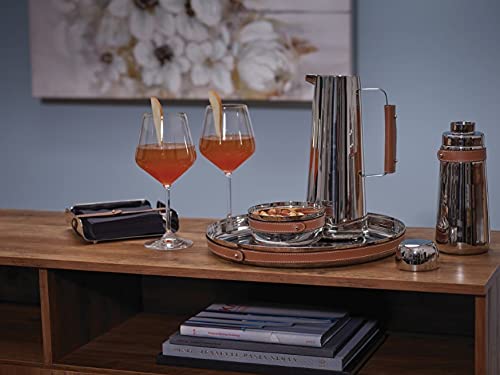Nambe Tahoe Stainless Steel Bar Tray with Leather Accent - 13 Inch Round Metal Serving Tray with Raised Edges - Elegant Home Decor for Parties, Dining & Living Room Organization