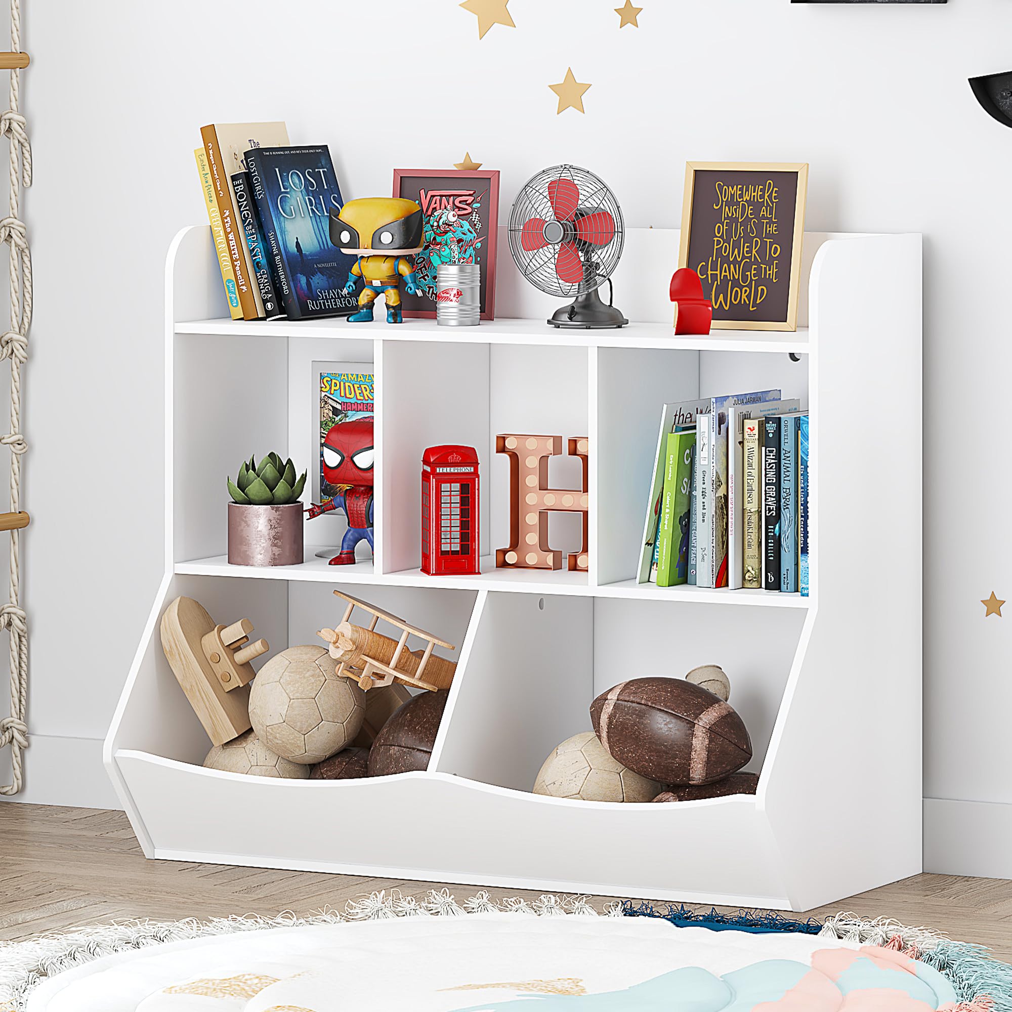 UTEX Kids Toy Storage Organizer with Bookcase - 6-Shelf Cubby Organizer for Books, Toys & Games - Perfect for Playroom, Bedroom & Nursery - White (Space-Saving Kids Furniture)