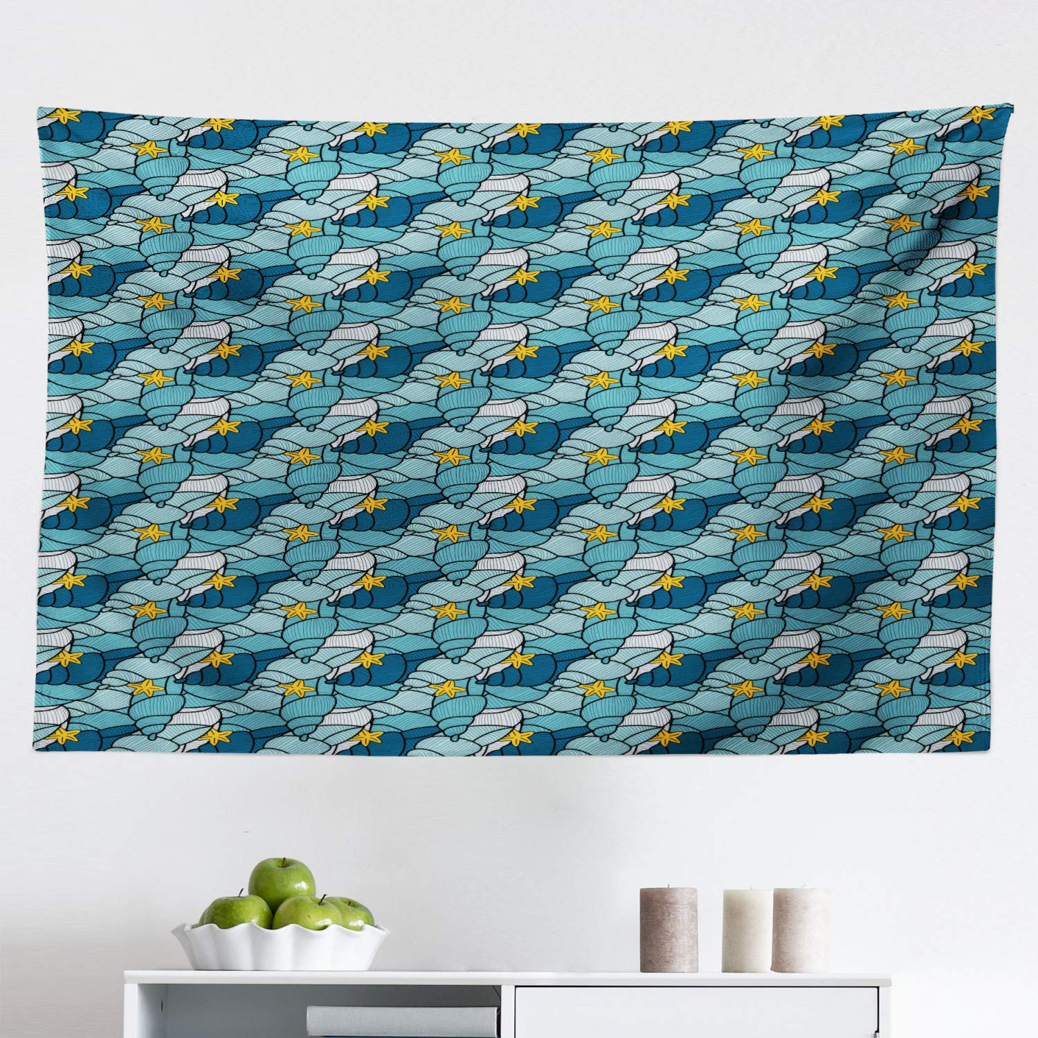 Ambesonne Nautical Tapestry Wall Hanging - Seashells & Starfish Ocean Theme Decor for Bedroom, Living Room, Dorm - 45x30 Inch Blue & Yellow Coastal Design - Perfect for Beach House Decor, Boho Room Aesthetic, and Coastal Themed Parties