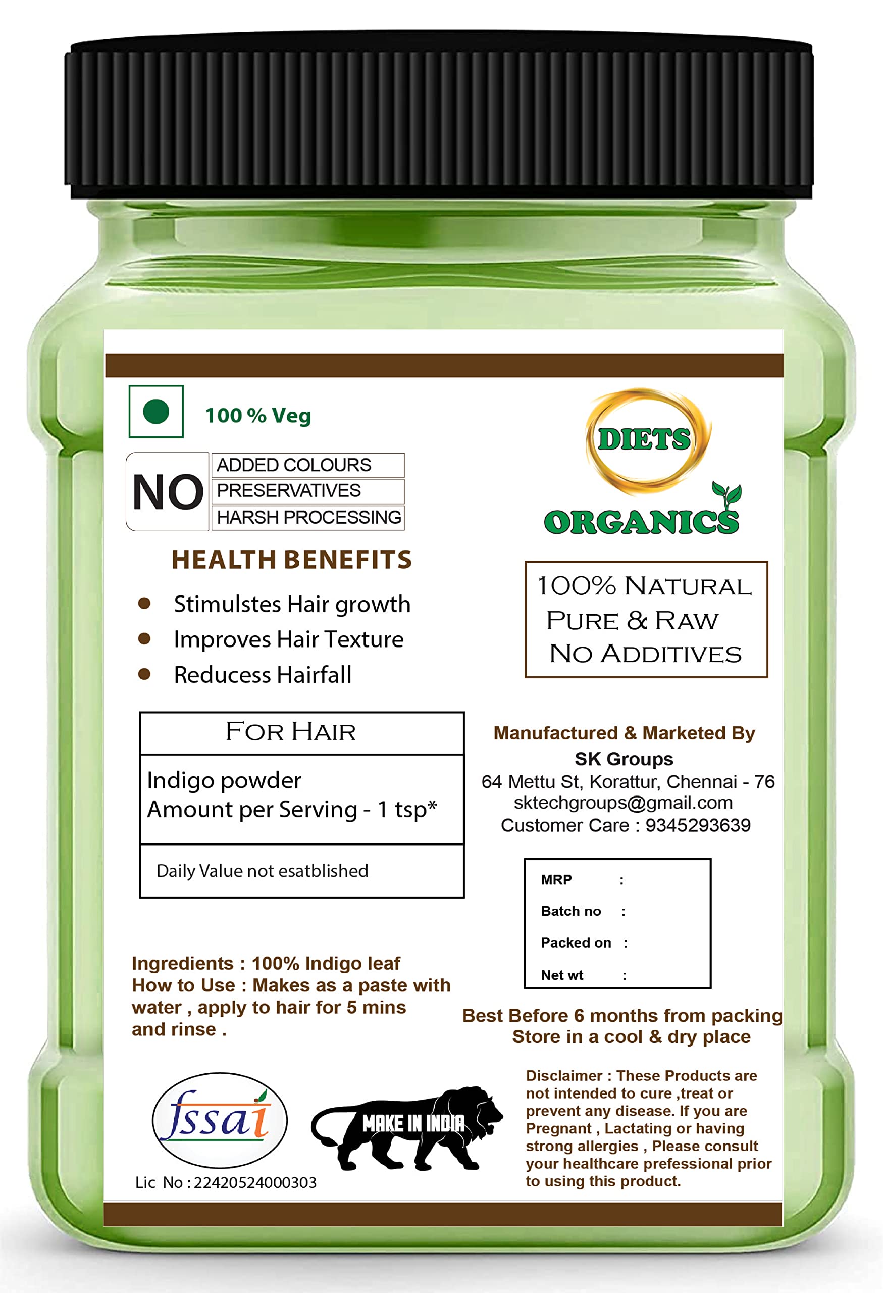 DIETS ORGANICS Natural Indigo Powder for Black Hair - 100g | Herbal Hair Dye & Gray Coverage | Safe Chemical-Free Hair Coloring for Men & Women | Perfect for DIY Hair Care & Natural Beauty Treatments