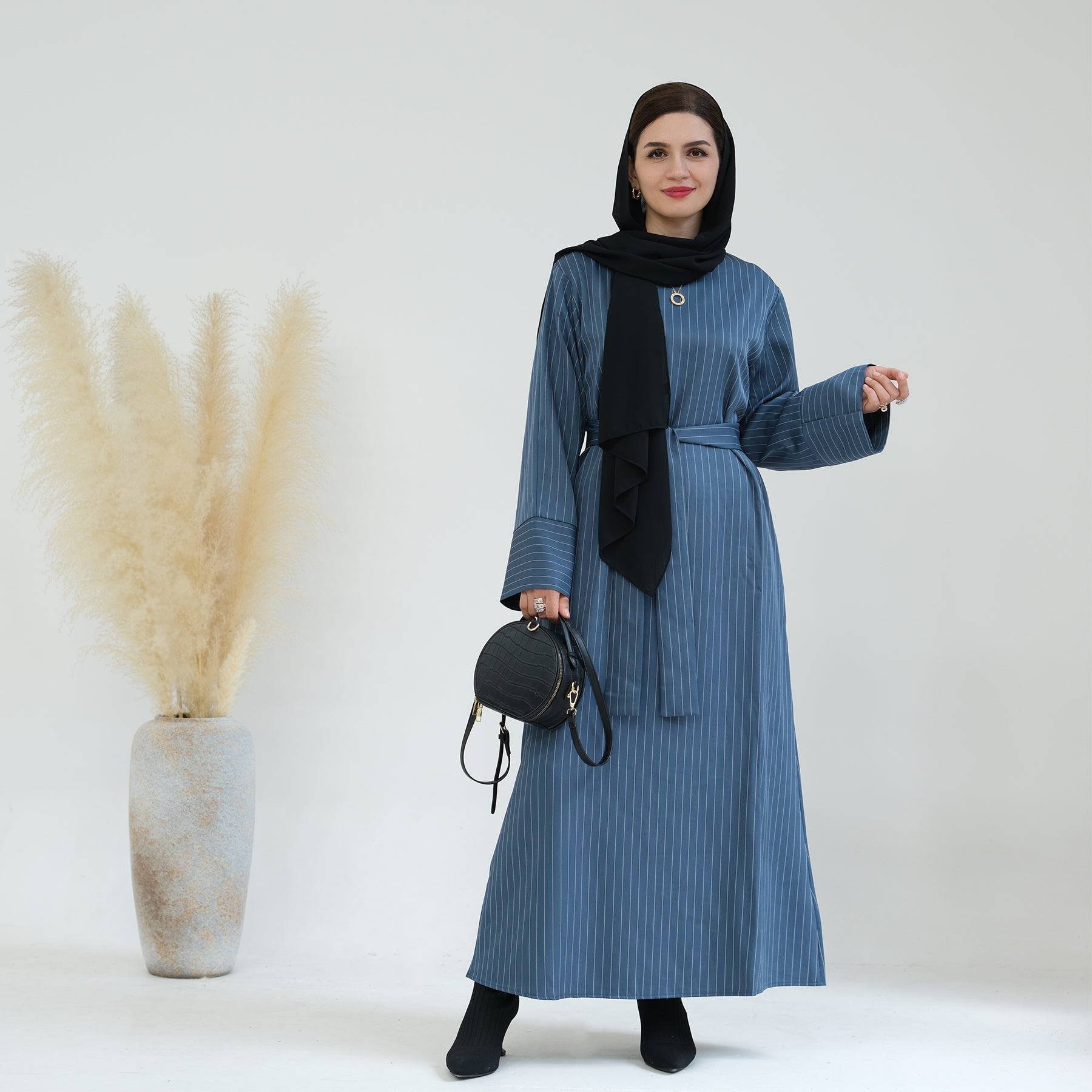 Janine Stripe Long Sleeve Belted Maxi Dress for Women - Flowy Blue Midi Dress with Belt, Elegant Casual & Party Wear, Perfect for Weddings, Date Nights and Summer Outings