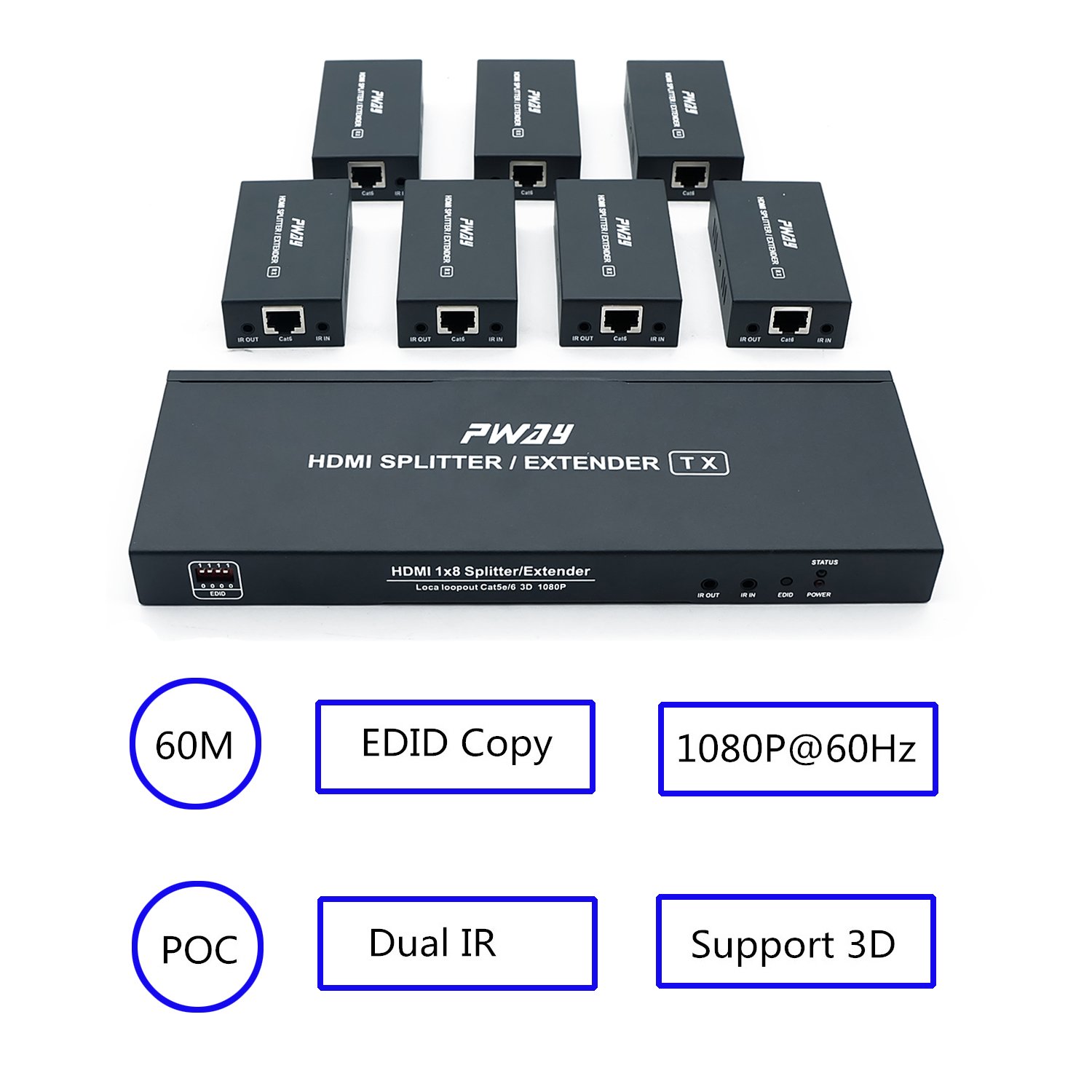 PW-HTS0107IR HDMI Splitter Extender 1x7 Port - 1080P HD Video Over Cat5e/Cat6 Ethernet Cable with IR Remote Control, No Delay up to 60m (196ft) - Perfect for Home Theater, Conference Rooms & Multi-Screen Displays